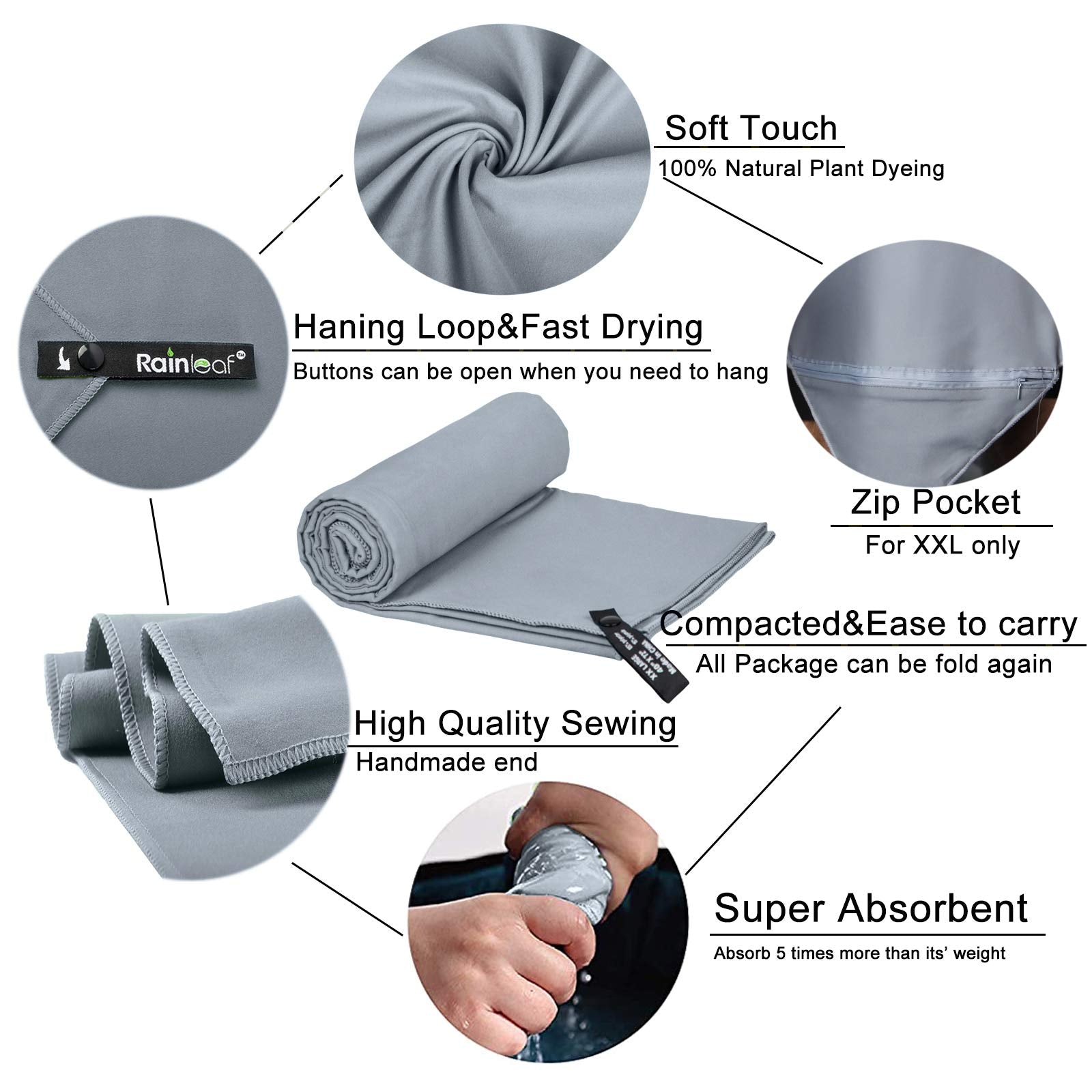 Rainleaf Microfiber Towel - Quick Dry, Super Absorbent, Lightweight, 32" x 16", Gray, Model RL-MTGRAY16 - Ideal for Travel, Gym, Camping,