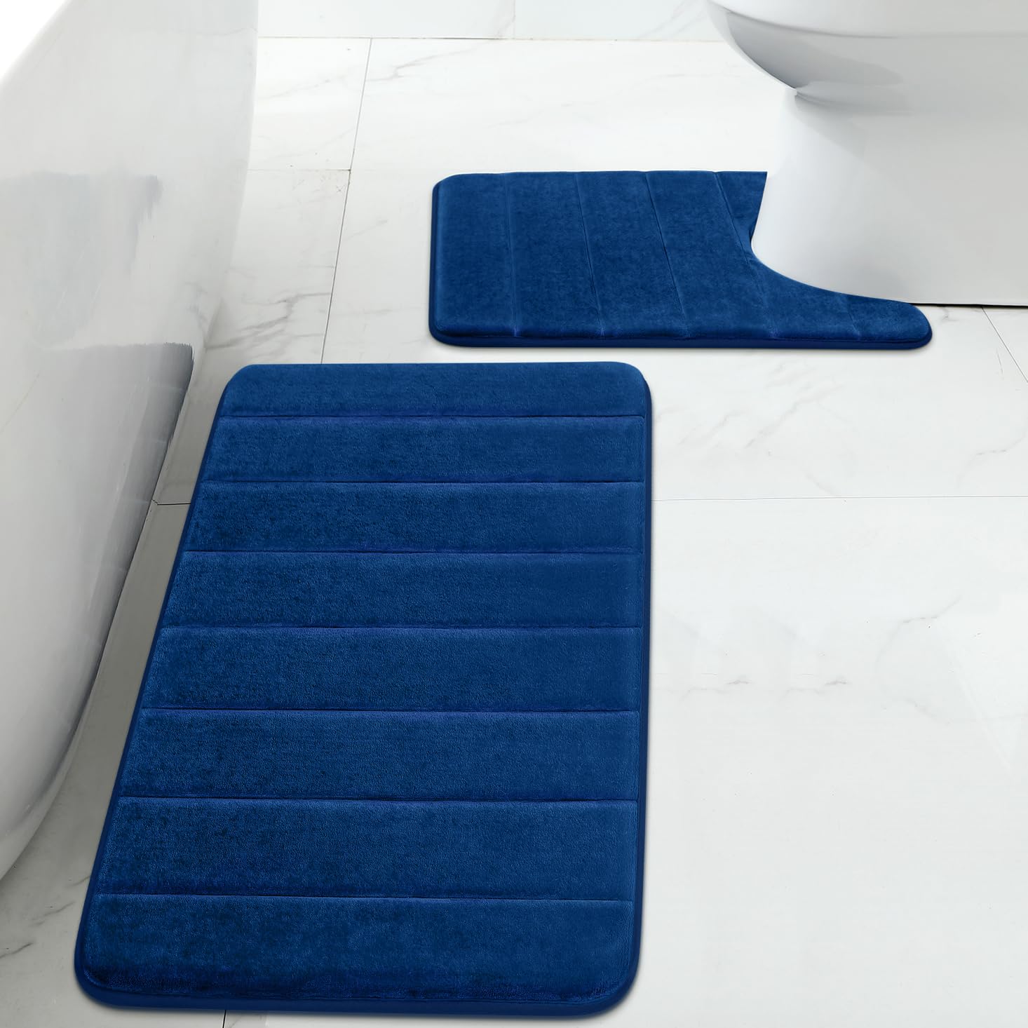 Bysure Bathroom Rugs Sets 2 Piece, Memory Foam Non Slip Extra Soft Absorbent Machine Washable Toilet Bath Mats (Navy Blue, 20X32