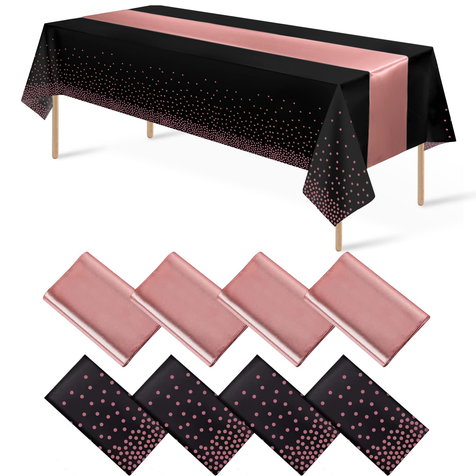8Pack Disposable Plastic Tablecloths and Satin Table Runner Set Black and Rose Gold Dot Tablecloth Gold Satin Table Runner for W