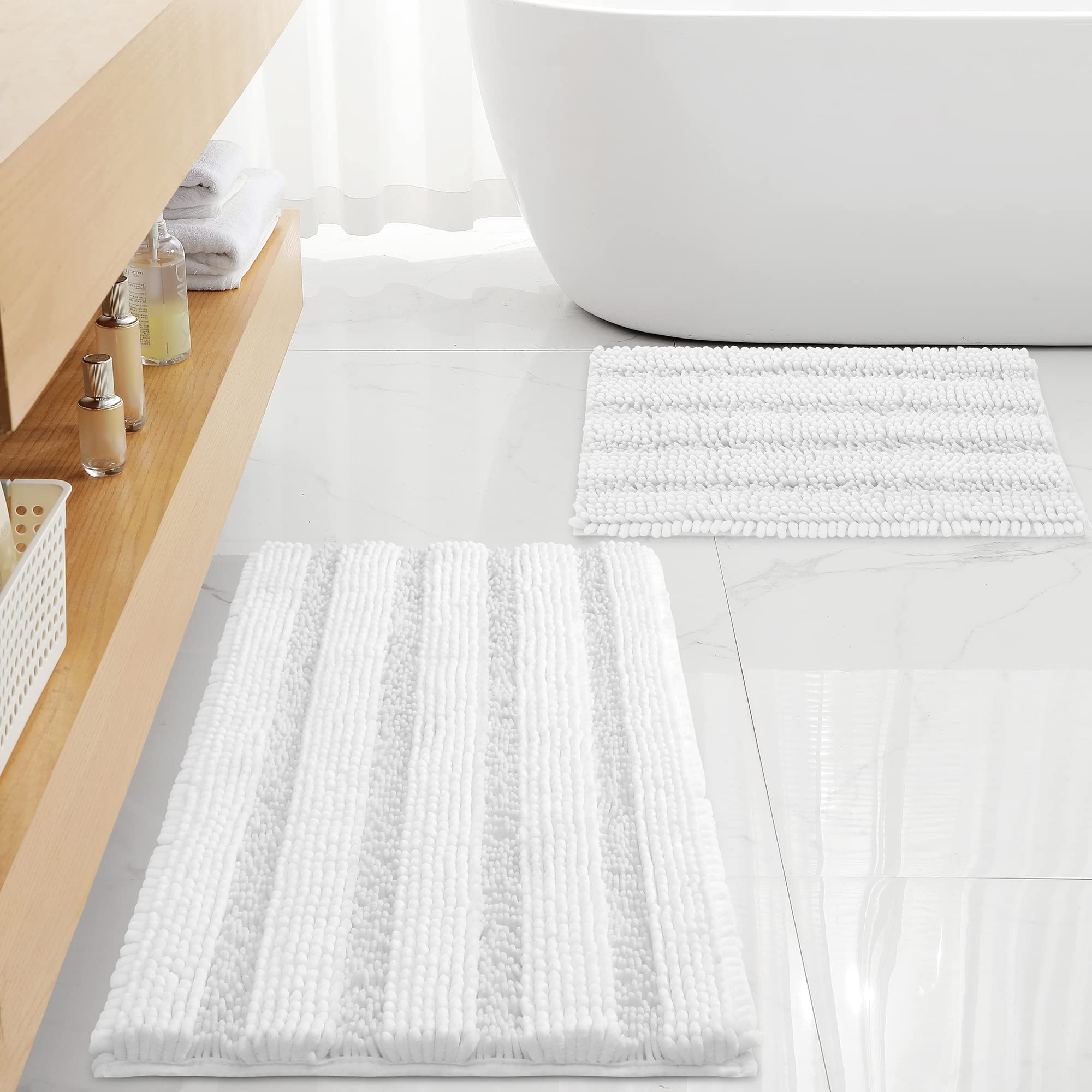 Floleopa Non Slip Thick Shaggy Chenille White Bathroom Rug Sets 2 Piece, Thickened Hot Melt Rubber Bottom Bath Mats For Bathroom