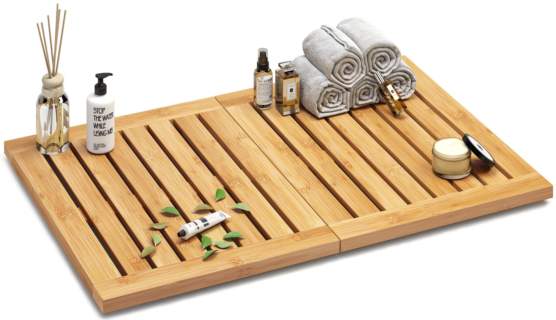 Waterproof Bamboo Bath Mat For Shower, Foldable | Non-Slip | Heavy Duty, Wooden Bath Mat, Floor Mat And Doormat For Indoor Outdo