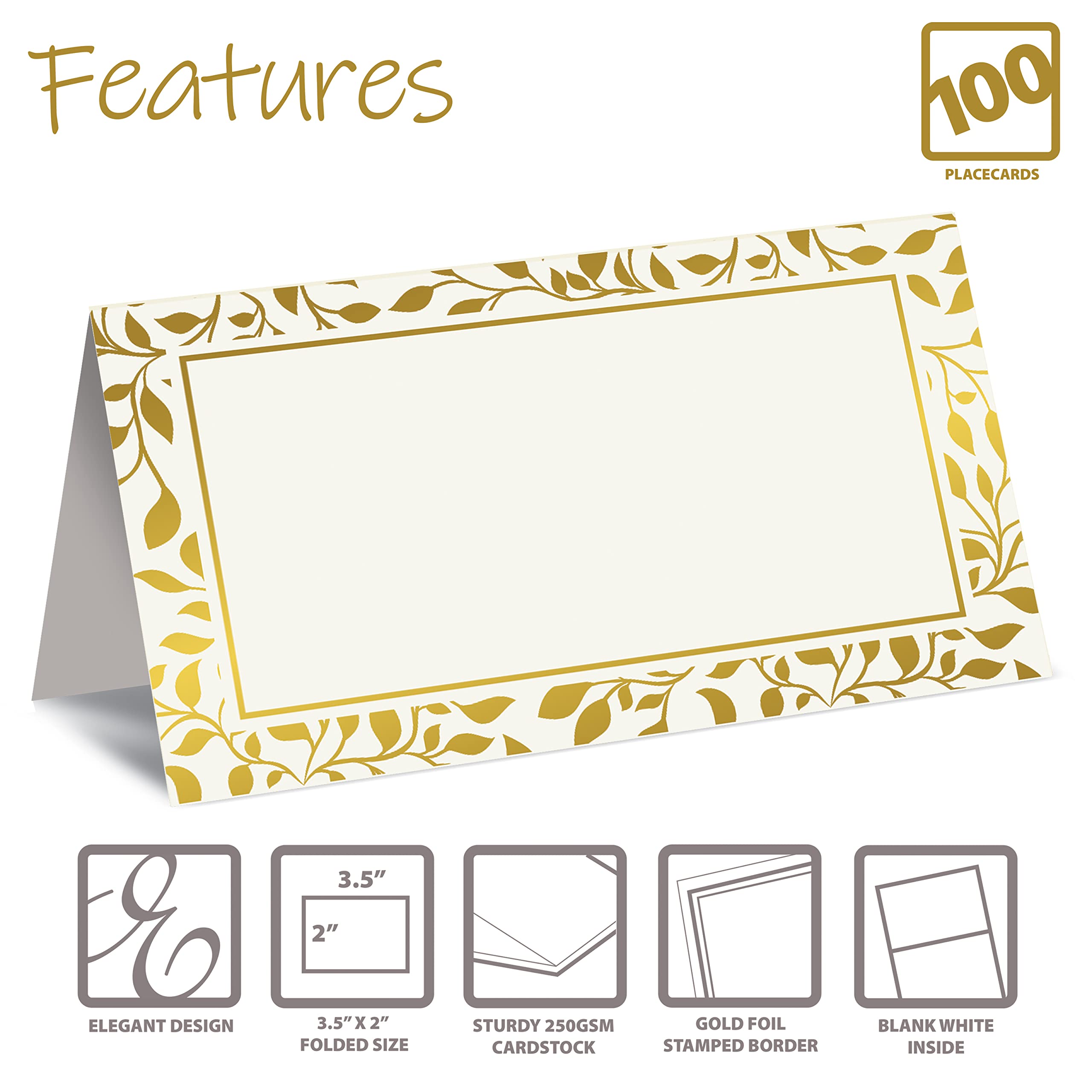 Better Office Products 100 Pack Place Cards, 2 X 3.5 In, White With Metallic Gold Leaf Foil Border, Folded Table Tent Cards For