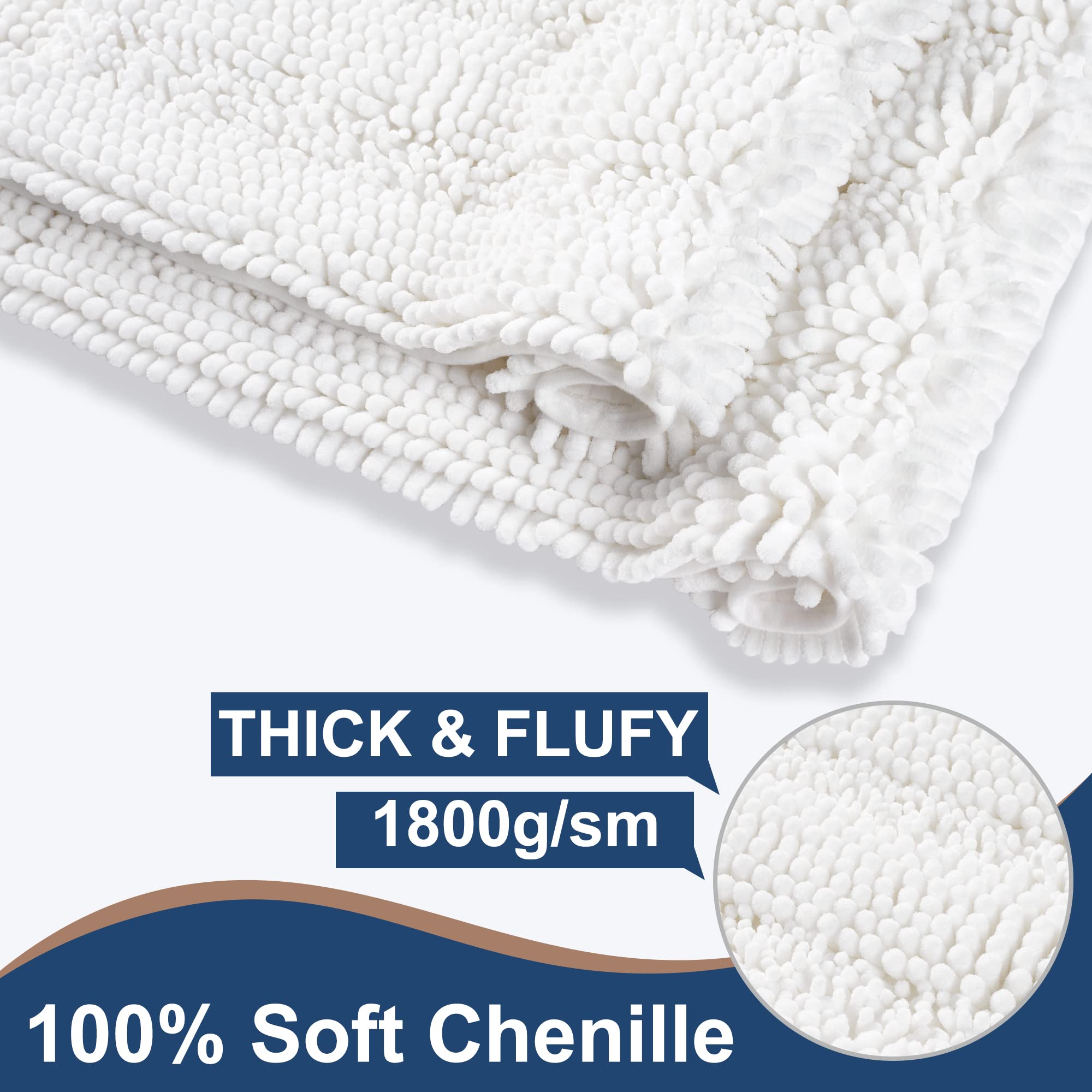 Floleopa Non Slip Thick Shaggy Chenille White Bathroom Rug Sets 2 Piece, Thickened Hot Melt Rubber Bottom Bath Mats For Bathroom