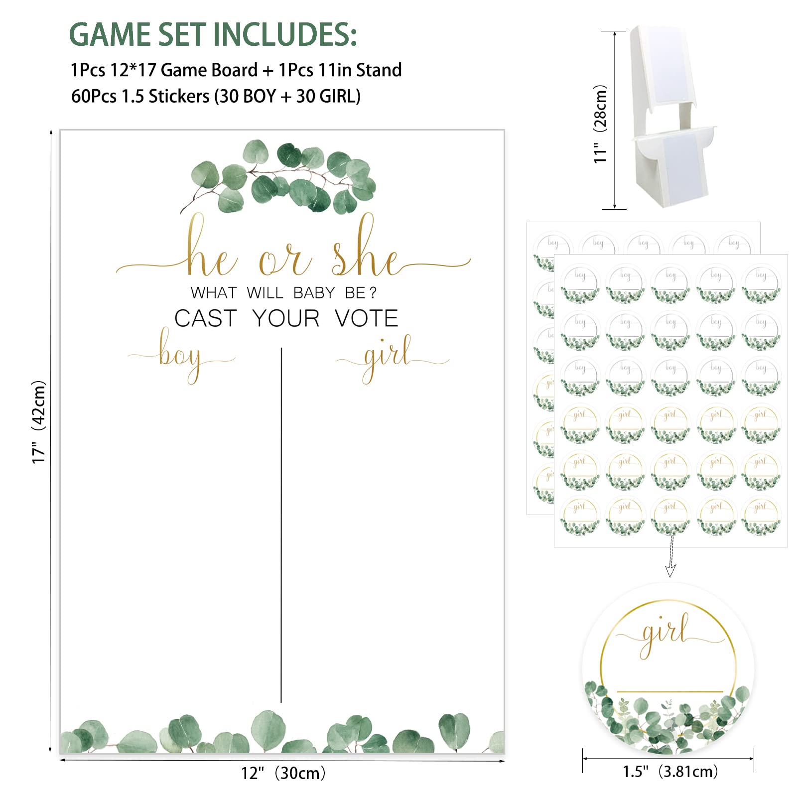 Greenery Baby Gender Reveal Board With Stand(12X17), 60 Eucalyptus Leaf Boy Girl Voting Stickers,He Or She, Cast Your Vote Game,