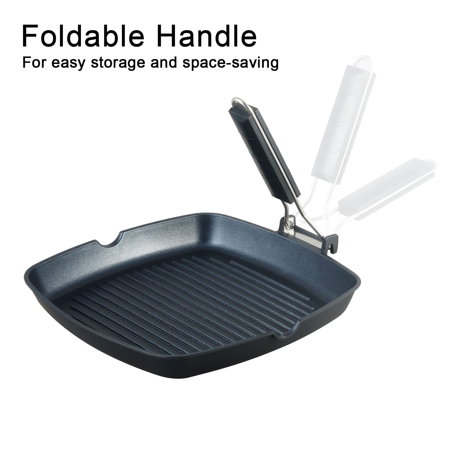 Skitchn Grill Pan With Folding Handle, Nonstick Grill Pan For Stove Tops, Induction Compatible Kbbq Grill Pan With Pour Spouts,