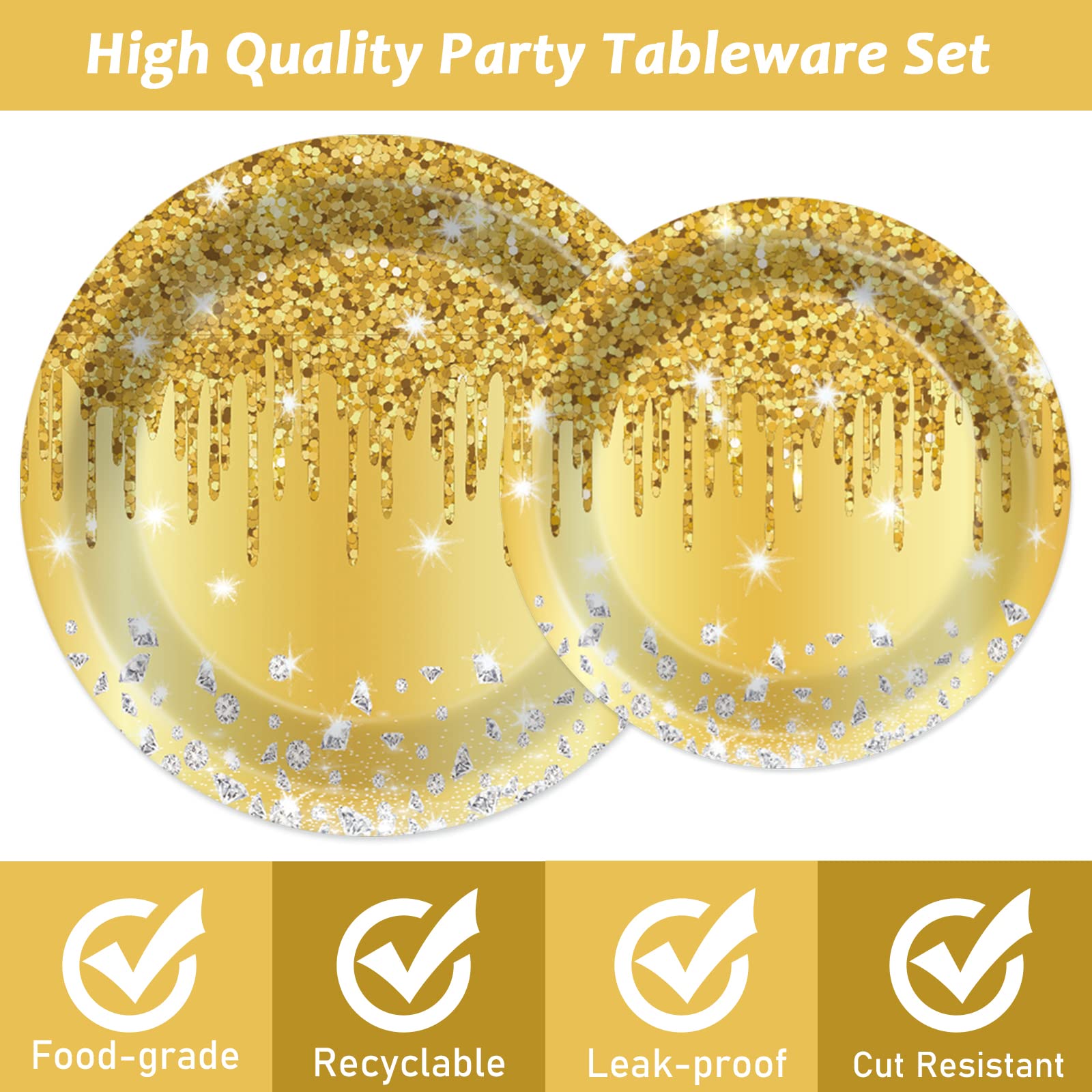 96 Pcs Gold Birthday Tableware Set For Golden Themed Happy Birthday Party Supplies Golden Diamond Dinner Plates Gold Napkins For