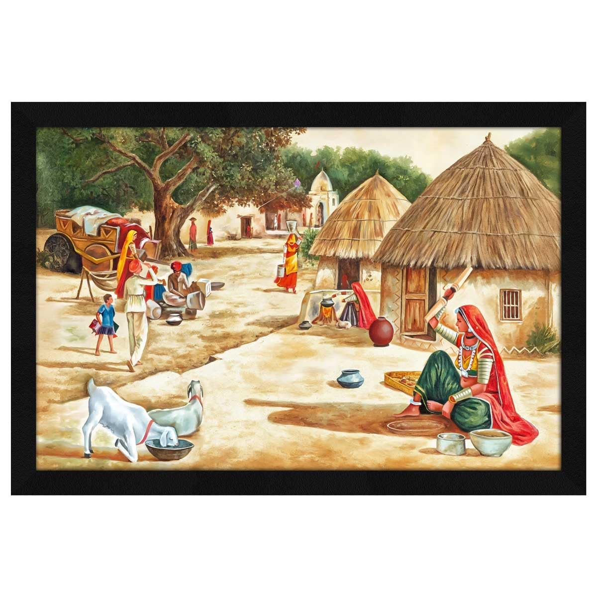 Artx Paper Village Scenery Painting Vastu Wall Art, For Living Room Bedroom, Multicolor, Nature, 18.0 X 12.0 Inches, Set Of 1