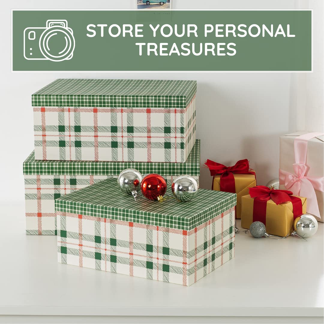 Soul & Lane Plaid Christmas Gift Box - Set of 3: Holiday Decor Storage Box, Decorative Photo Storage, Keepsake Boxes with Lids,