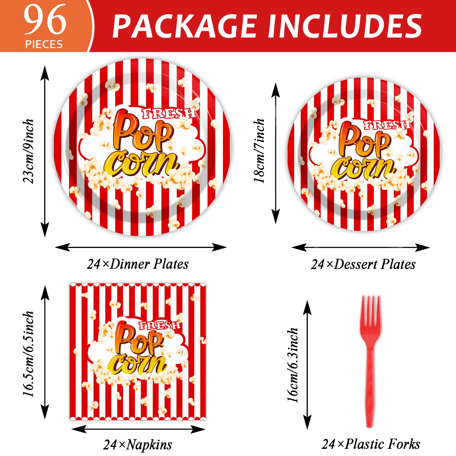 Wiooffen 96 Pcs Popcorn Party Supplies Circus Theme Paper Plates And Carnival Napkins Forks Fresh Popcorn Movie Night Birthday P