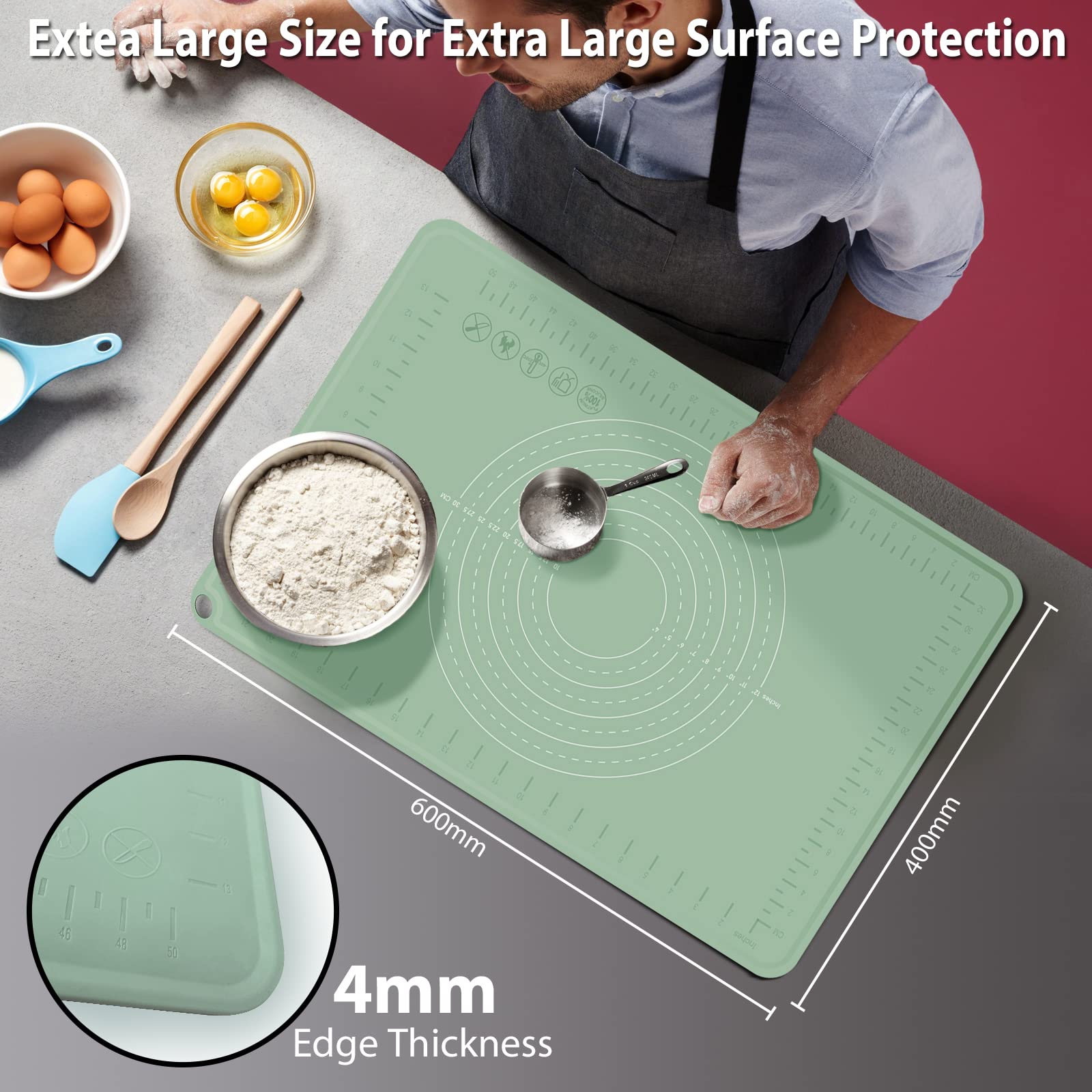 Silicone Baking Mat Extra Large Non-Stick Baking Mat With High Edge, Food Grade Silicone Dough Rolling Mat For Making Cookies, M