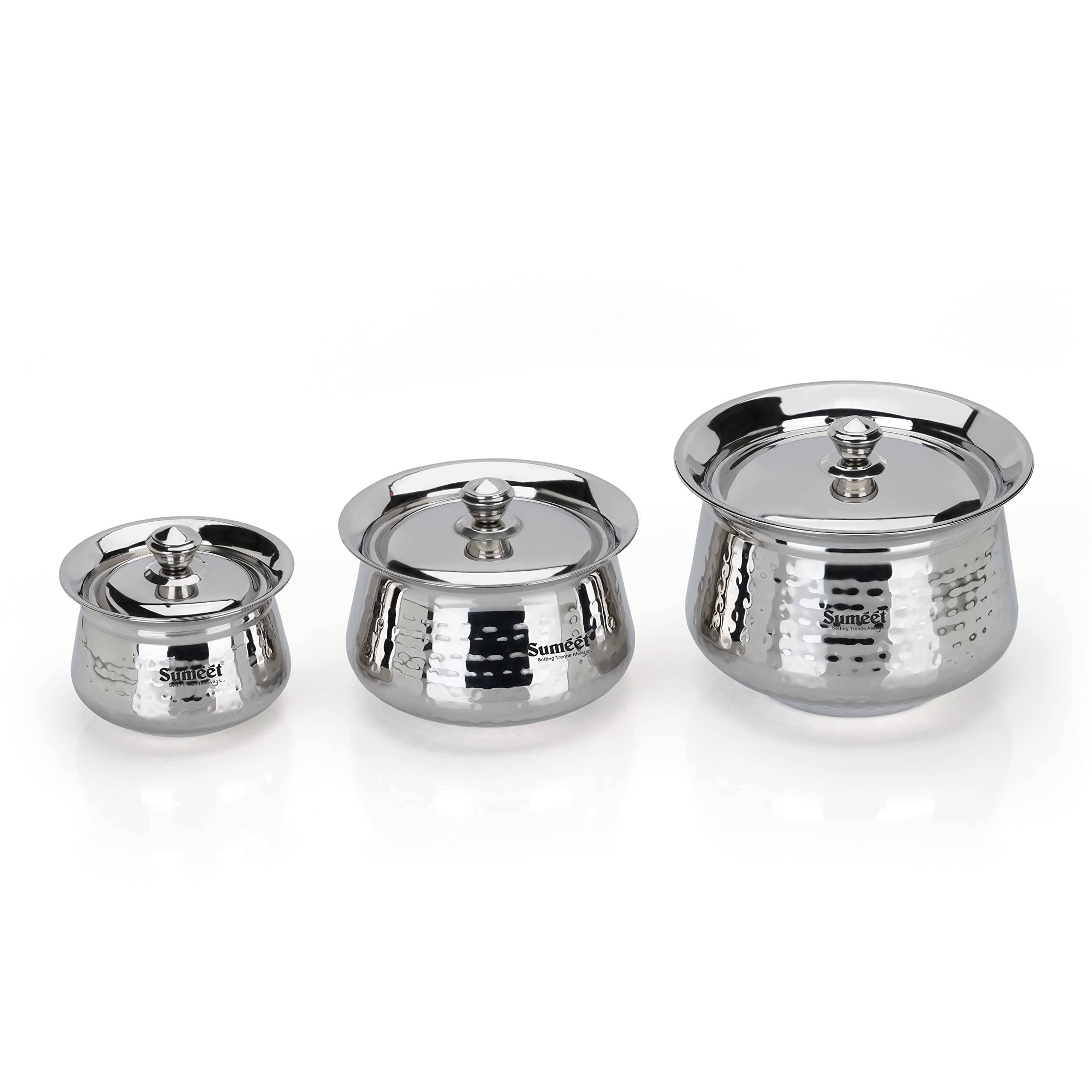 Sumeet Stainless Steel Handcrafted Hammered Texture Handi Set With Lid For Kitchen, Set Of 3, 460Ml, 950Ml & 1700Ml, Silver