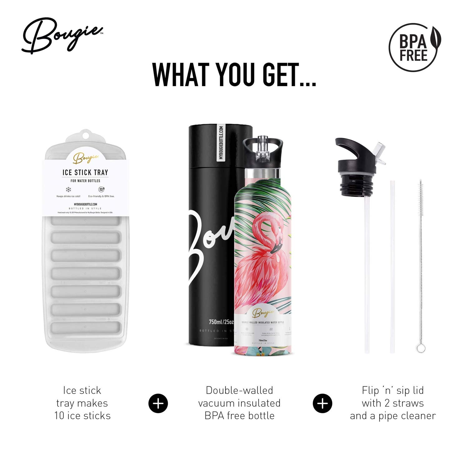 Bougie My Bottle Flamingo Stainless Steel Double Walled Insulated Water Bottle With Wide Mouth Flip N Sip Lip Lid, Two Straws &