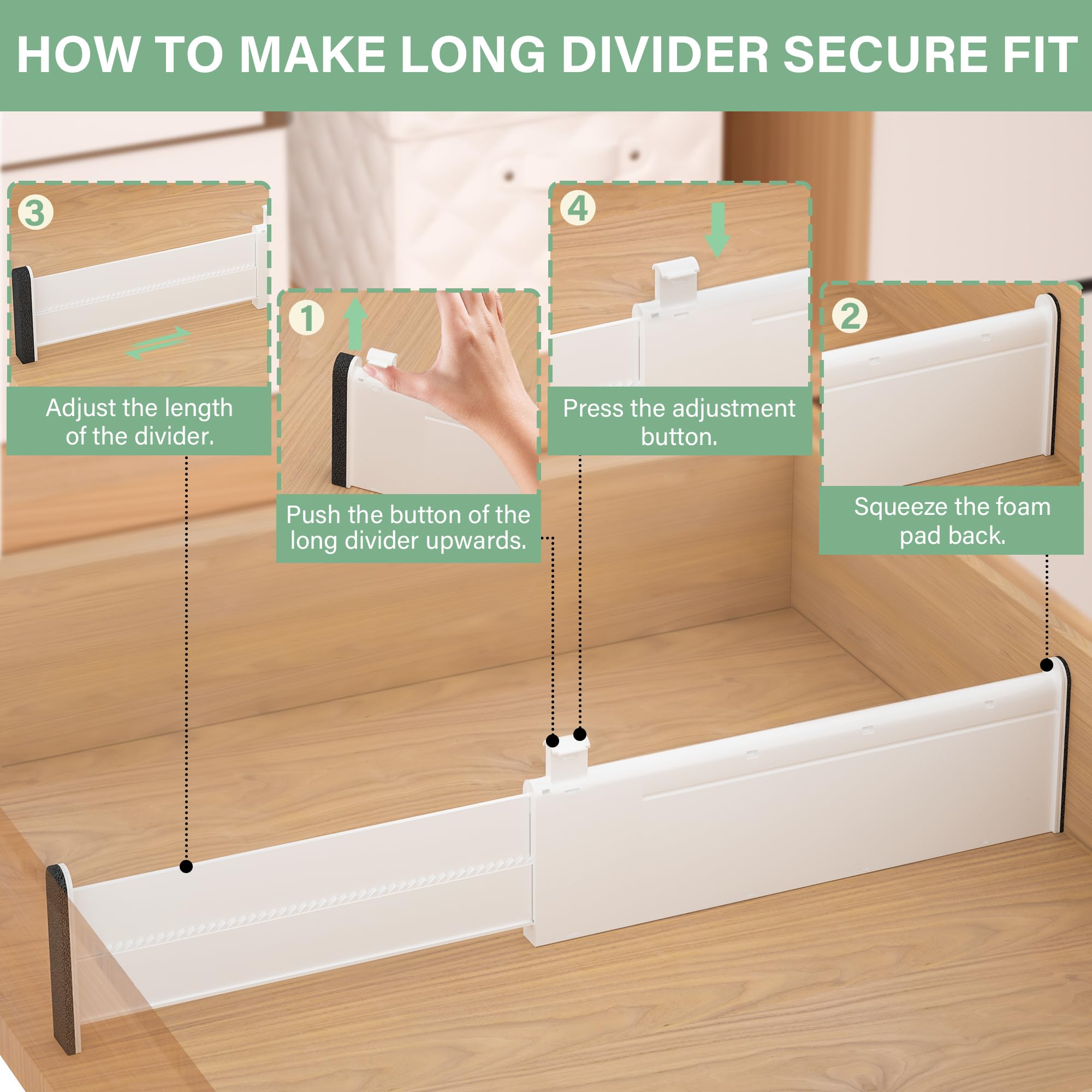 FUNIZE Adjustable Drawer Dividers With Inserts, 4'' High Expandable Drawer Organizers for Clothes, 8 Pack 12.6-22.8'' Long Divid