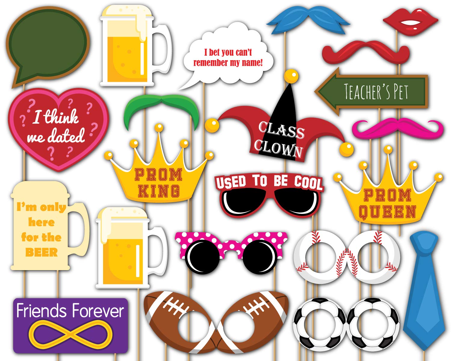 Class Reunion Photo Booth Props Kit  20 Pack Party Camera Props Fully Assembled