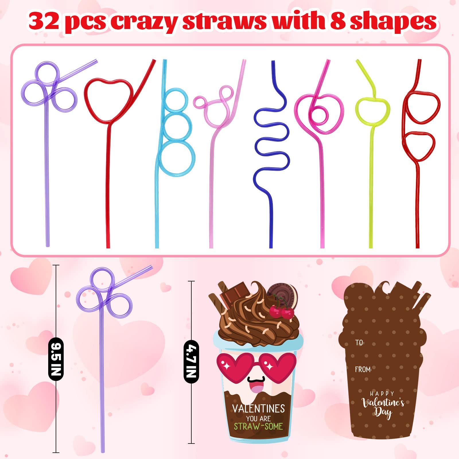 Zmciner 32 Pack Valentines Day Cards For Kids School With Crazy Straws Valentines Day Gifts For School Classroom Valentines Exch