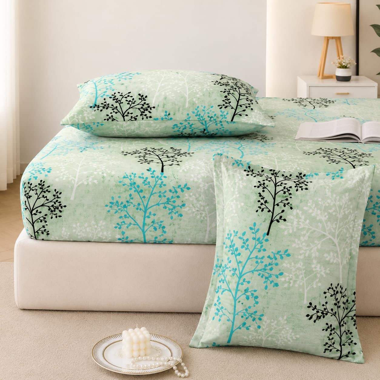 King Size Fitted Bedsheet 72x78x10 Inch with All Around Elastic | Glace Cotton Double Bed Sheet with 2 Pillow Covers 18x28 Inch 