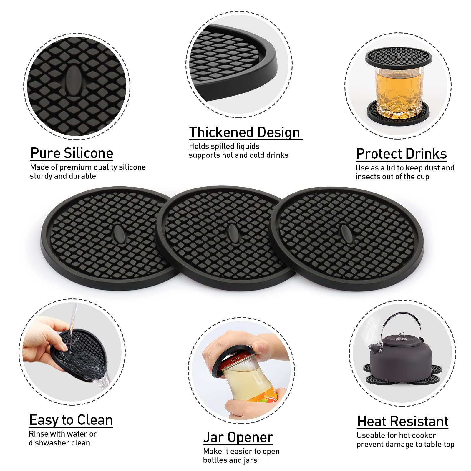 3 Pack Silicone Coasters For Drinks, Thickened Black Coasters With Deep Tray Grooved Design Cup Mat, Washable Heat Resistant Dur