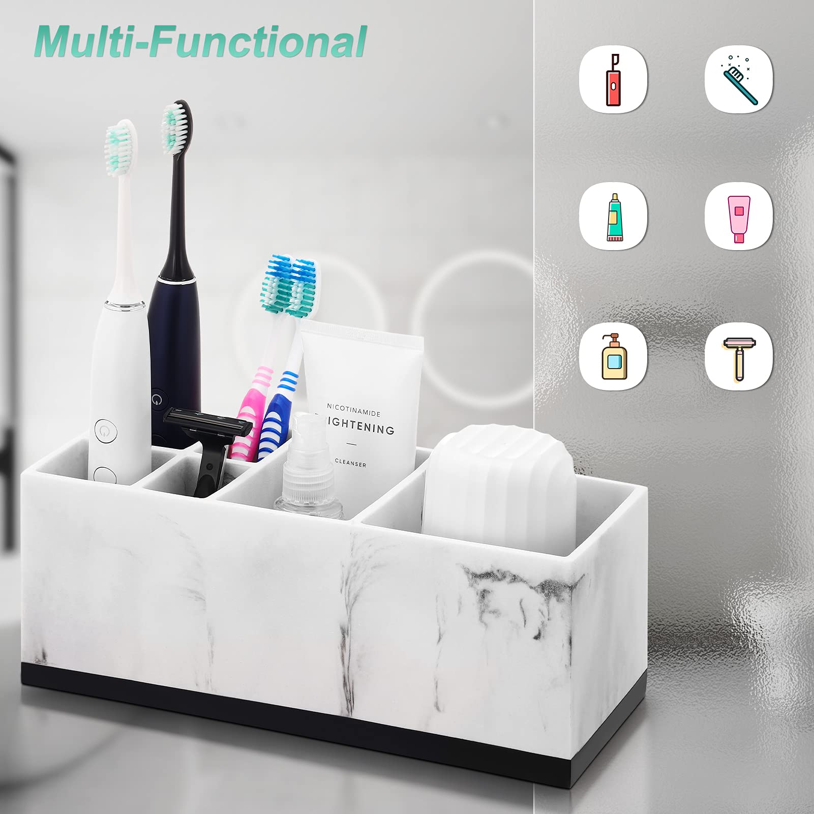 VITVITI Toothbrush Holder for Bathroom  Bathroom Organizer Countertop  Rectangle 6 Compartment Bathroom Accessories Storage for Toothpaste/Vanity Counter/Sink  White Resin of Marble Color