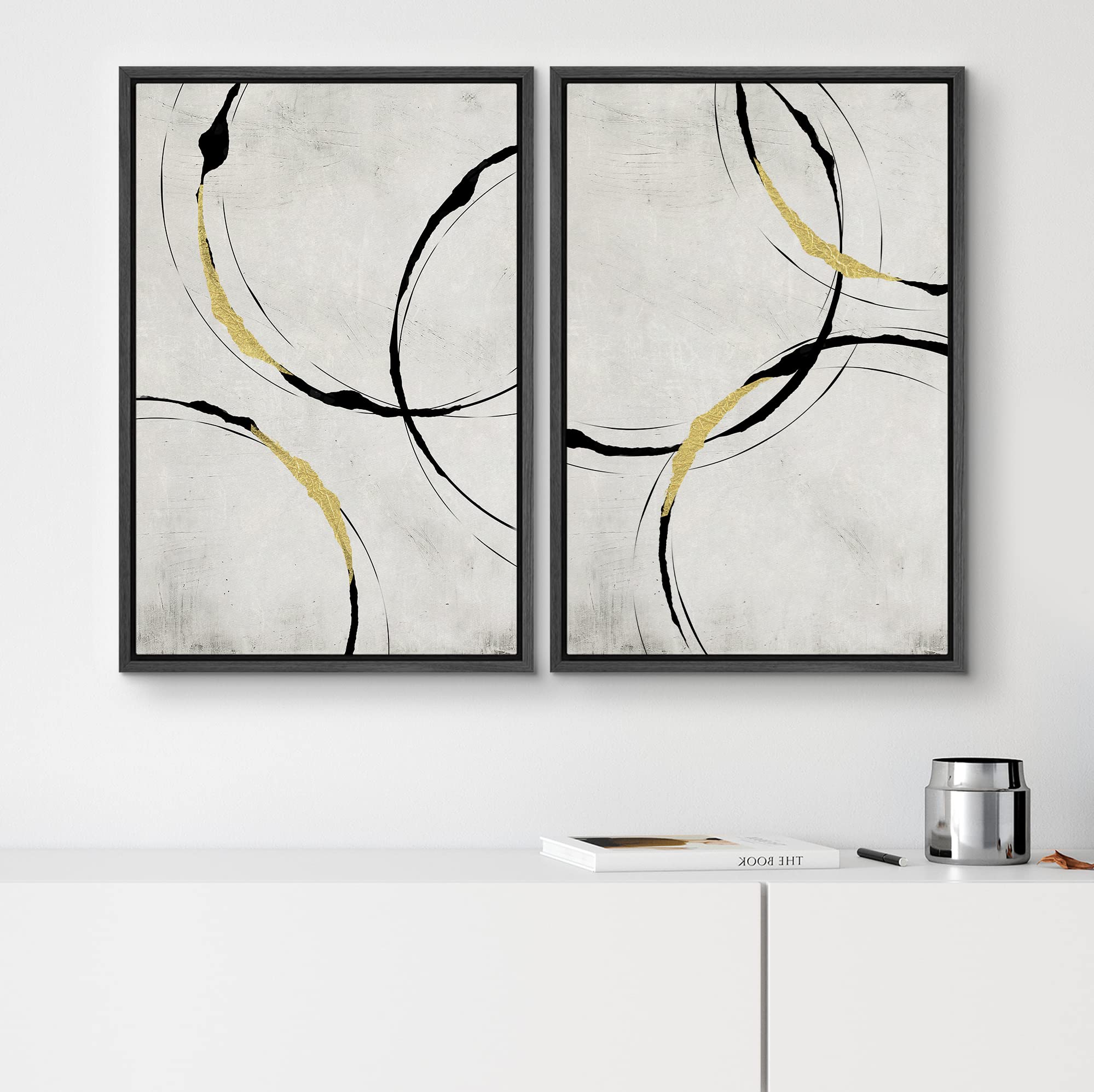 SIGNWIN Framed Canvas Print Wall Art Set Black Gold Geometric Ring Pattern Abstract Shapes Illustrations Minimalism Decorative Bohemian Relax/Zen for Living Room  Bedroom  Office - 24''x36''x2 Black