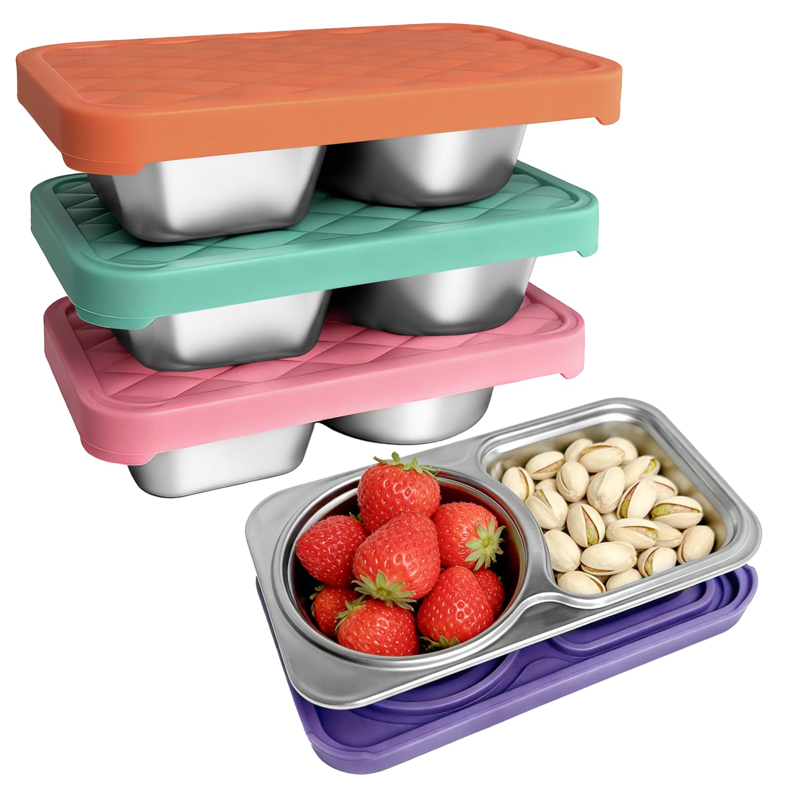 LVQVEV 4 Pack Stainless Steel Snack Containers, 2 Compartment Snack Container with Silicone Lids, Easy Open Leak Proof Reusable 
