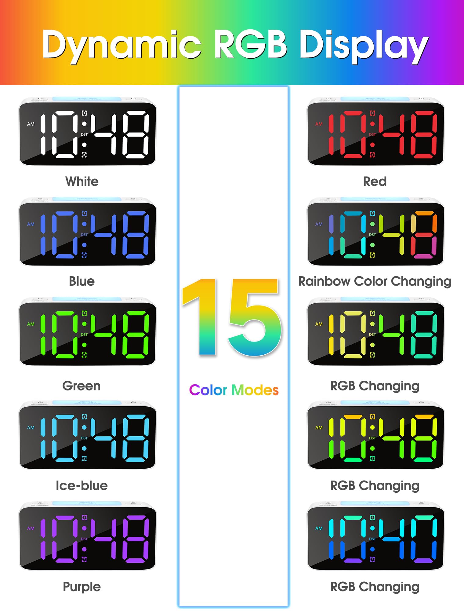 LED Alarm Clock with Snooze, Easy to Set, 4 Levels Dimmer, Adjustable Volume, USB Charger, 12/24Hr,7 Color Night Light,Compact D