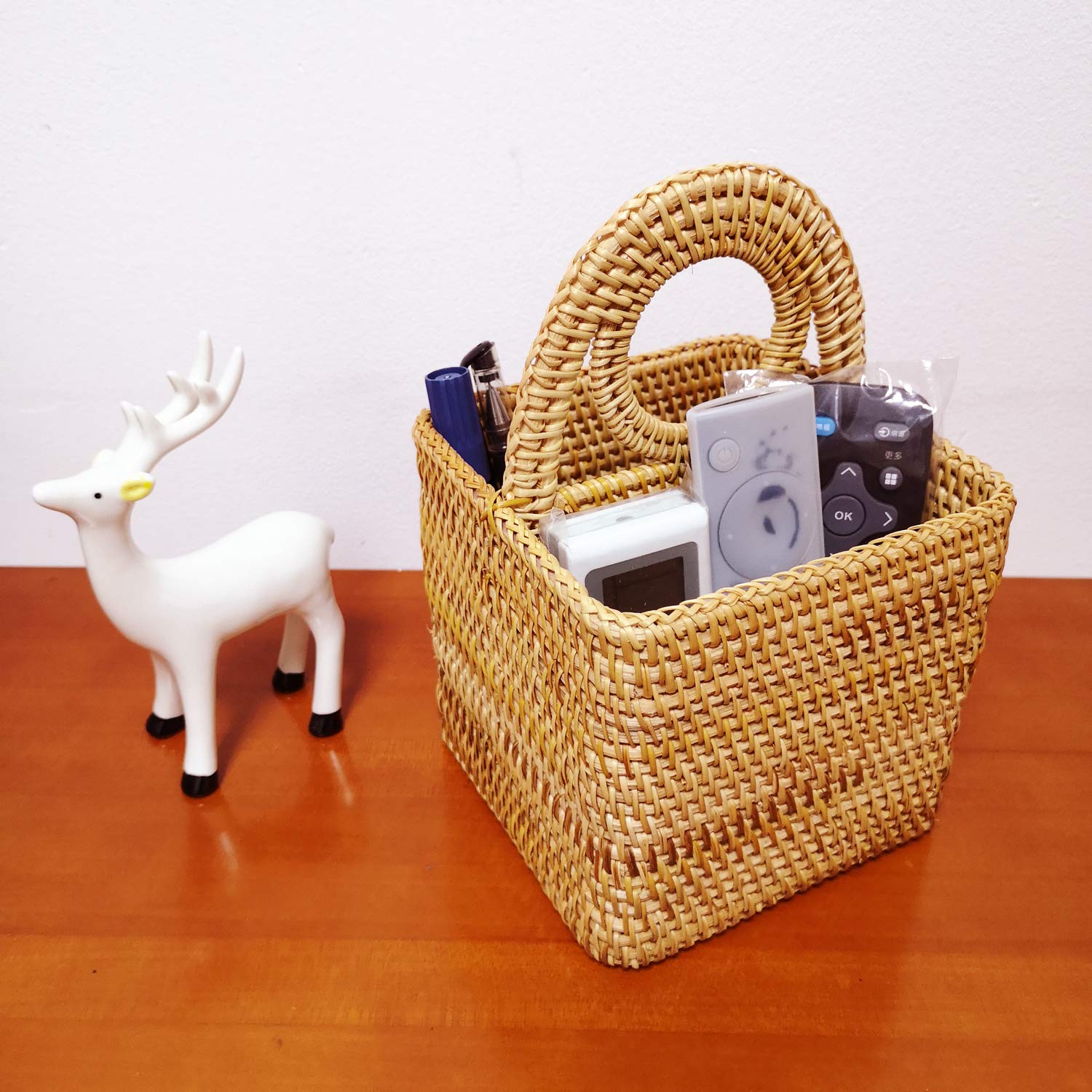 I-Lan Handwoven Rattan Square 2-Compartment Storage Box Cosmetics Desk Organizer Utensil And Handicrafts Home Decorative Serving