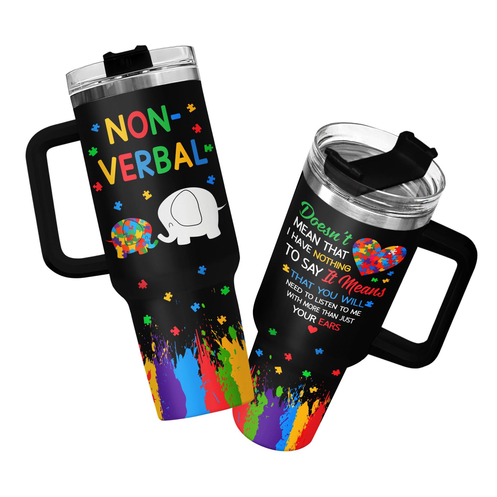 34HD Elephant Autism Tumbler with Handle and Straw, Autistic Mom Coffee Cup 40oz, Inspirational Autism Awareness Gifts for Women