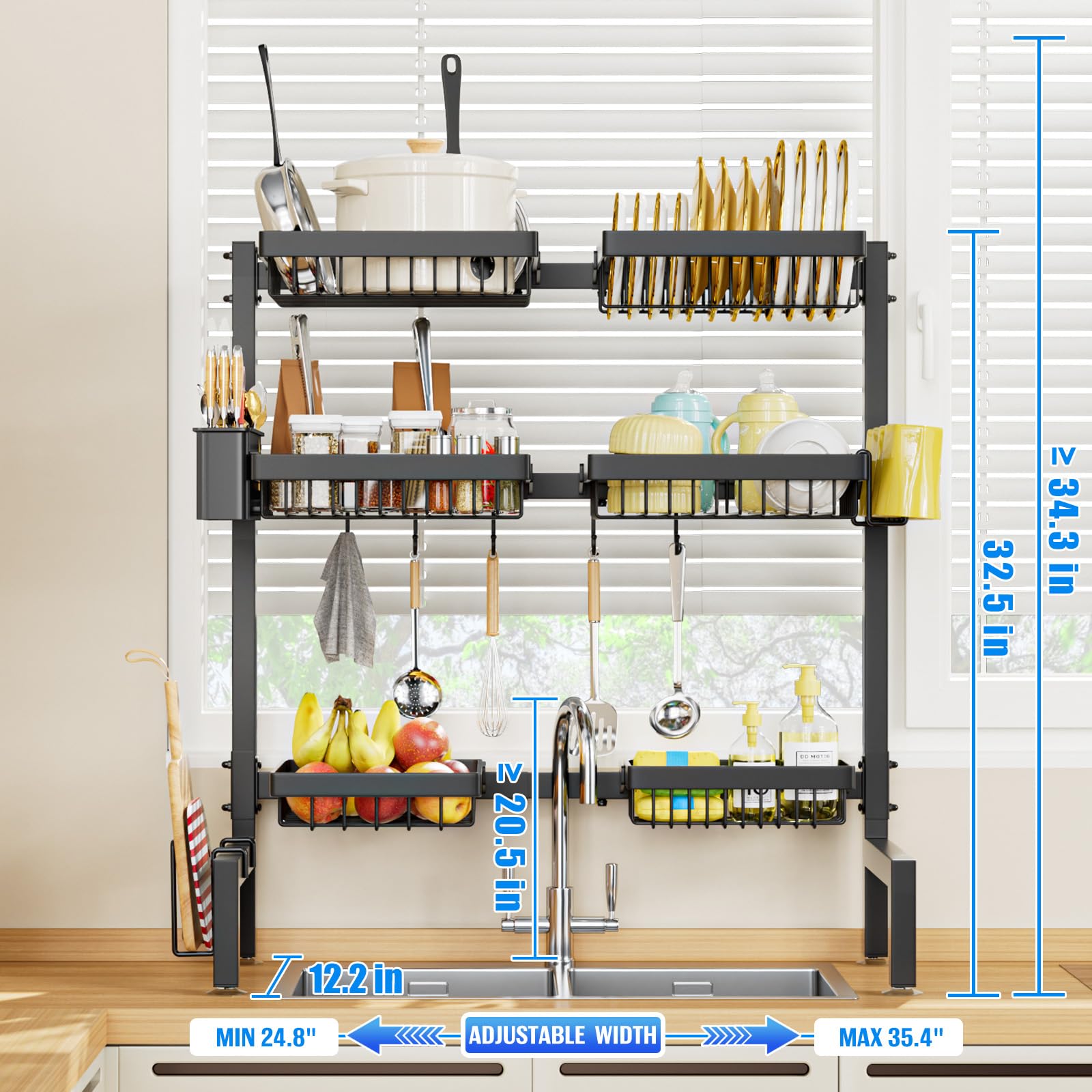 Snslxh 3 Tiers 6 Baskets Dish Drying Rack, 24.8-35.4,Over Sink Dish Drying Rack, 3-Tier Large Sink Rack For Kitchen, Extensi