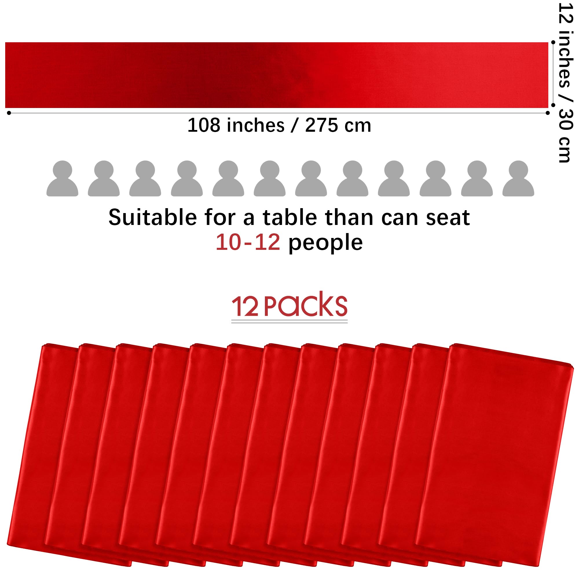 Aneco 12 Pack Satin Table Runner 12 X 108 Inch Red Long Wedding Satin Silk Table Runner For Wedding Banquet Graduations Birthday