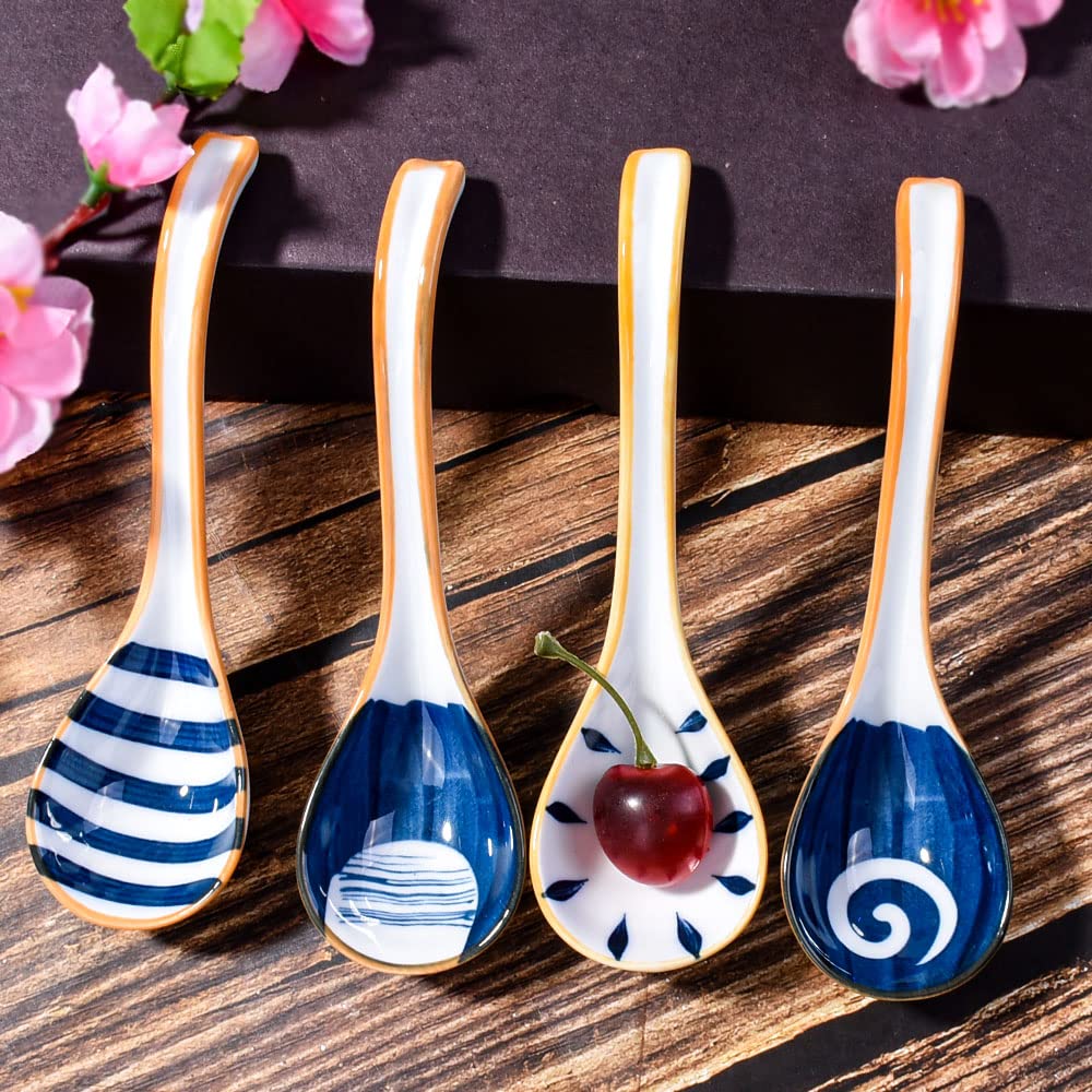Asian Ceramic Soup Spoons Japanese Soup Spoon Set Of 4 Porcelain Long Handle Japanese Ramen Soopn For Pho Ramen Noodles Wonton D