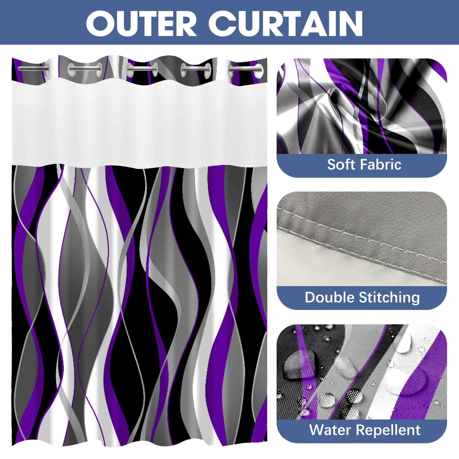Nkzply No Hook Shower Curtain And Liner Set Purple Striped Shower Curtain With Snap In Liner Fabric Shower Curtain With Liner Mo