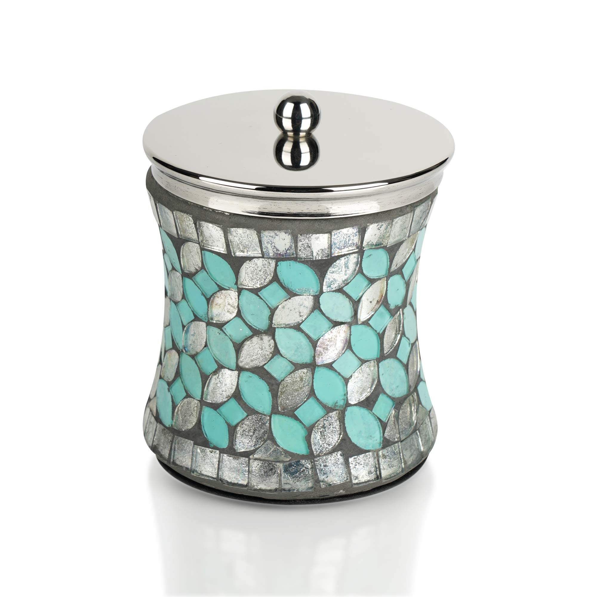 Nu Steel Sea Foam Q-Tip Jar In Aqua Blue/Silver Glass Mosaic/ Stainless Steel For Bathrooms & Vanity Spaces