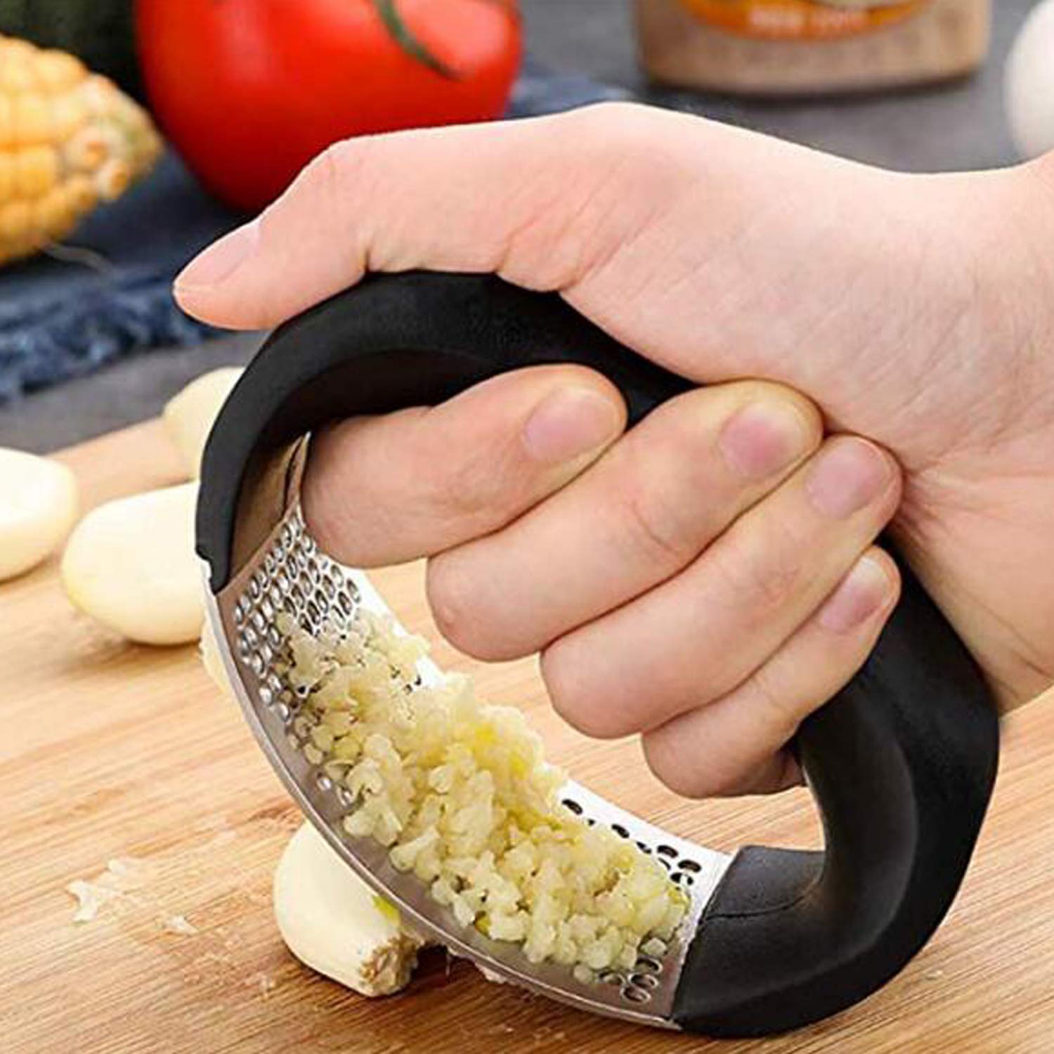 Acosexy Garlic Press Rocker - Stainless Steel Chopper & Mincer with Silicone Peeler, 4.88"x2.83"x2.24", Black - Model Garlic Press001