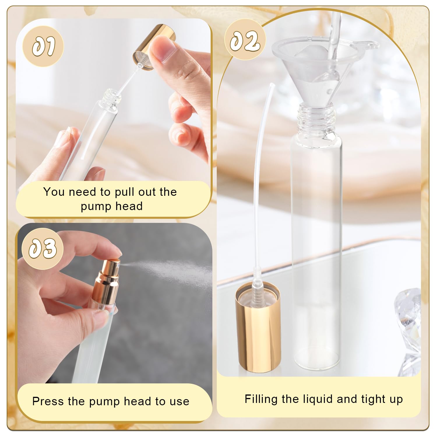 Bosmiow 25Pcs 15Ml Clear Glass Perfume Sample Vials With Golden Pump Head,Mini Empty Fine Mist Atomizer,Portable Essential Oils