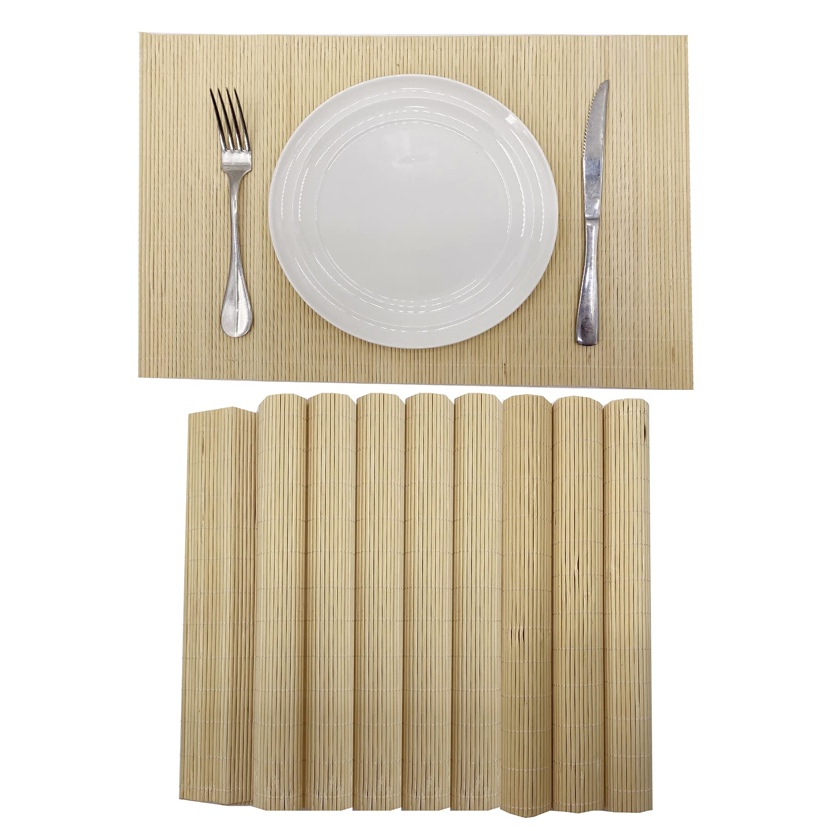 Andstar Set Of 8 Pcs Bamboo Placemats Sushi Rolling Mat Japanese Style Natural Anti-Slip Bamboo Placemats Washable Heat-Resistan