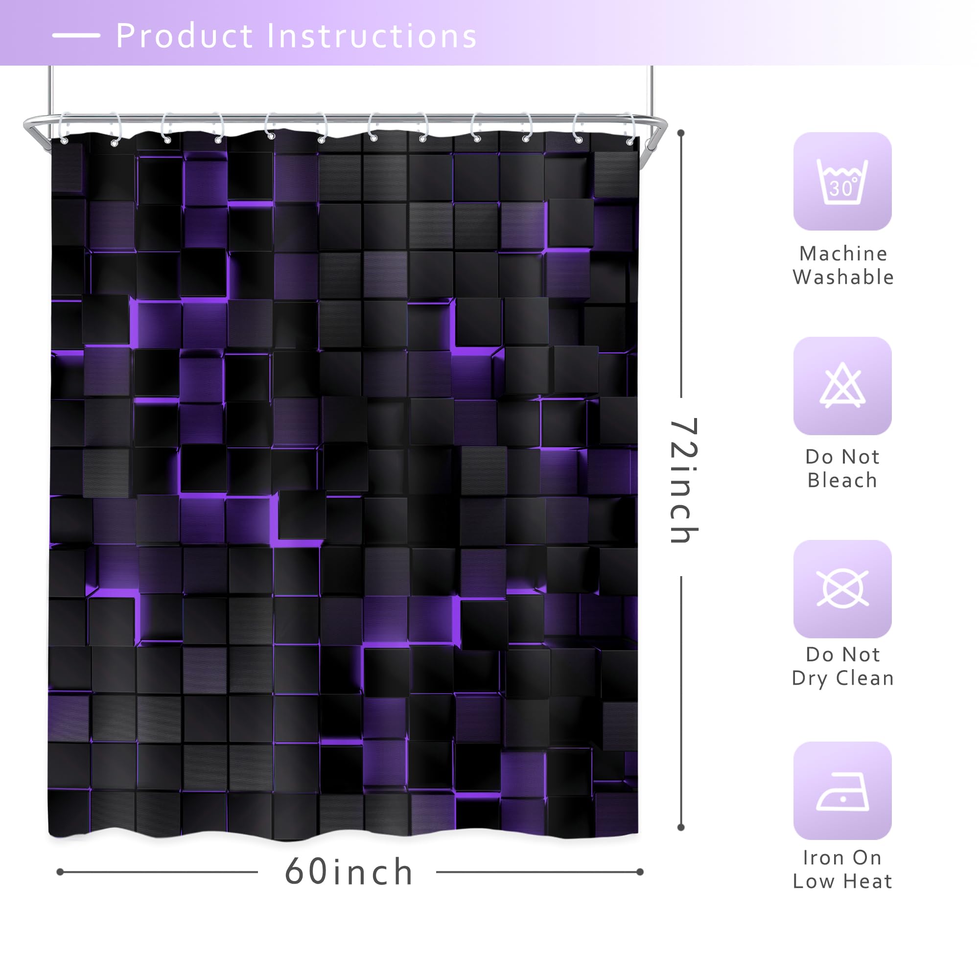 Riyidecor Black Purple Wall Shower Curtain 60Wx72H Inch Abstract Brick Modern 3D Gradient Design Futuristic Geometric Plaid Cube