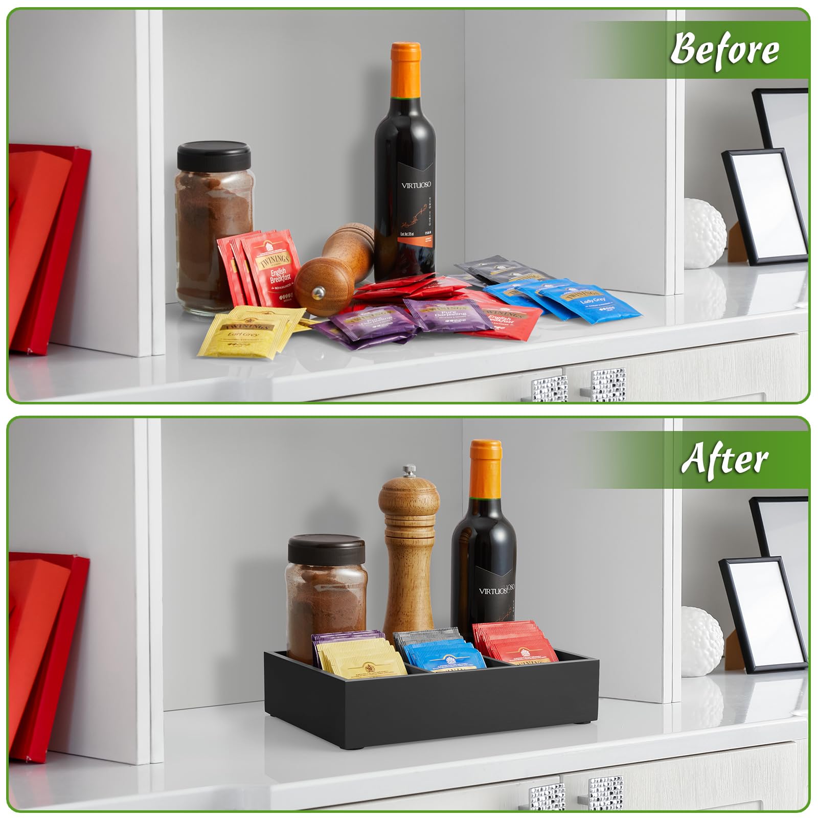 Drastar Tea Bag Organizer, Tea Bag Drawer Organizer, Wooden Tea Bag Holder, Tea Chest With 6 Compartments, Tea Organizer Storage