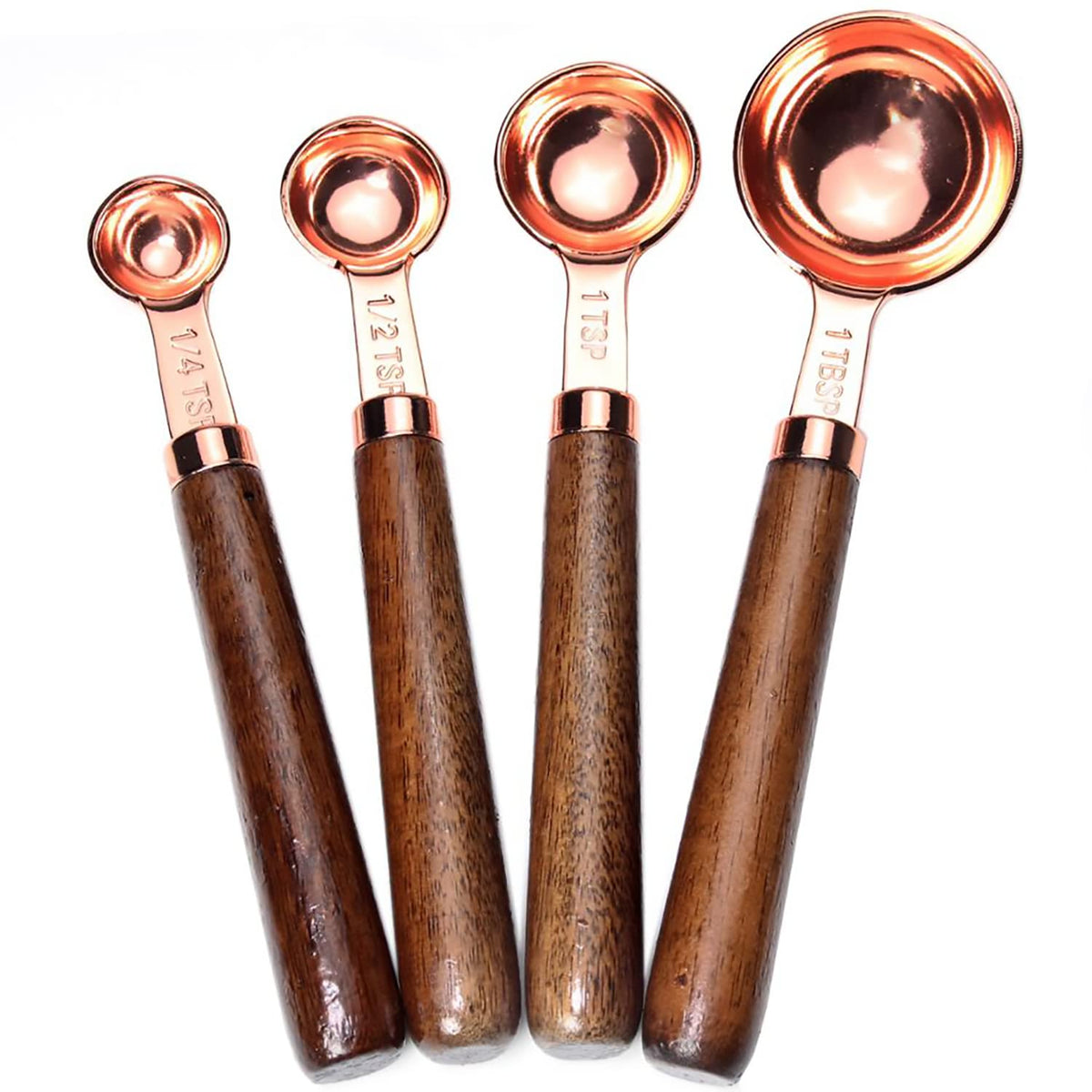 Goeielewe Set Of 4 Stainless Steel Measuring Spoons, Copper Plated Nesting Measuring Spoon Set With Walnut Wood Handle For Dry A