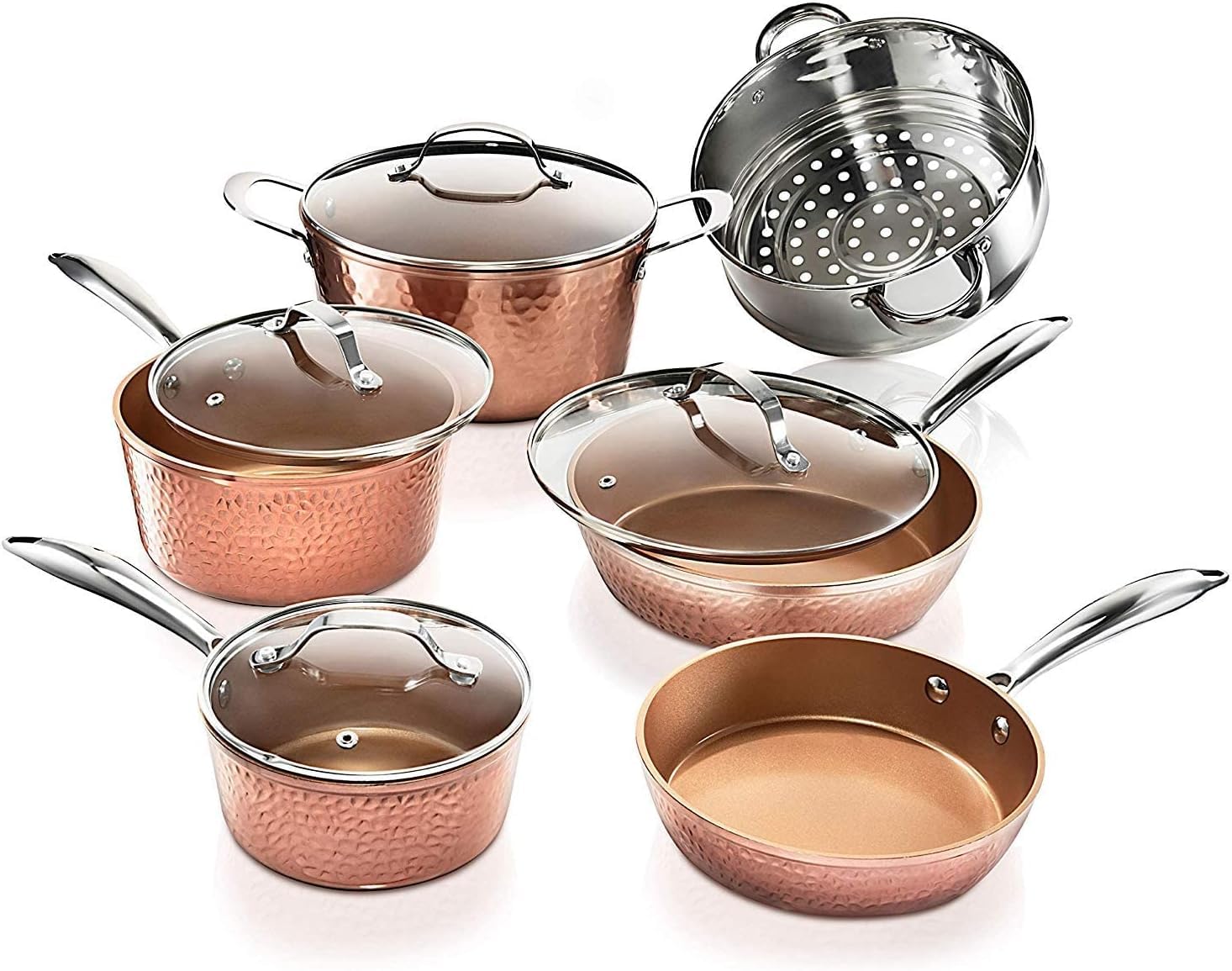 Gotham Steel Hammered Copper 10 Pc Pots and Pans Set Non Stick Cookware Set, Non Toxic Ceramic Cookware Set, Kitchen Cookware Se