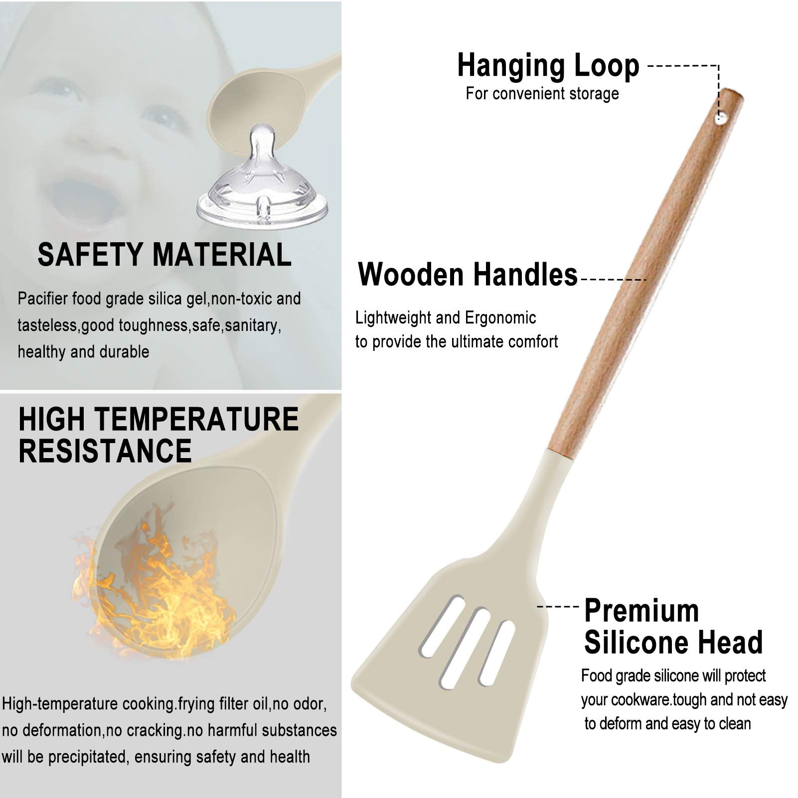 Silicone Kitchen Cooking Utensils Set - Heat Resistant/Non-Stick/Non Toxic/Bpa Free Silicon Spoons Spatula Whisk Tongs Wooden Ha