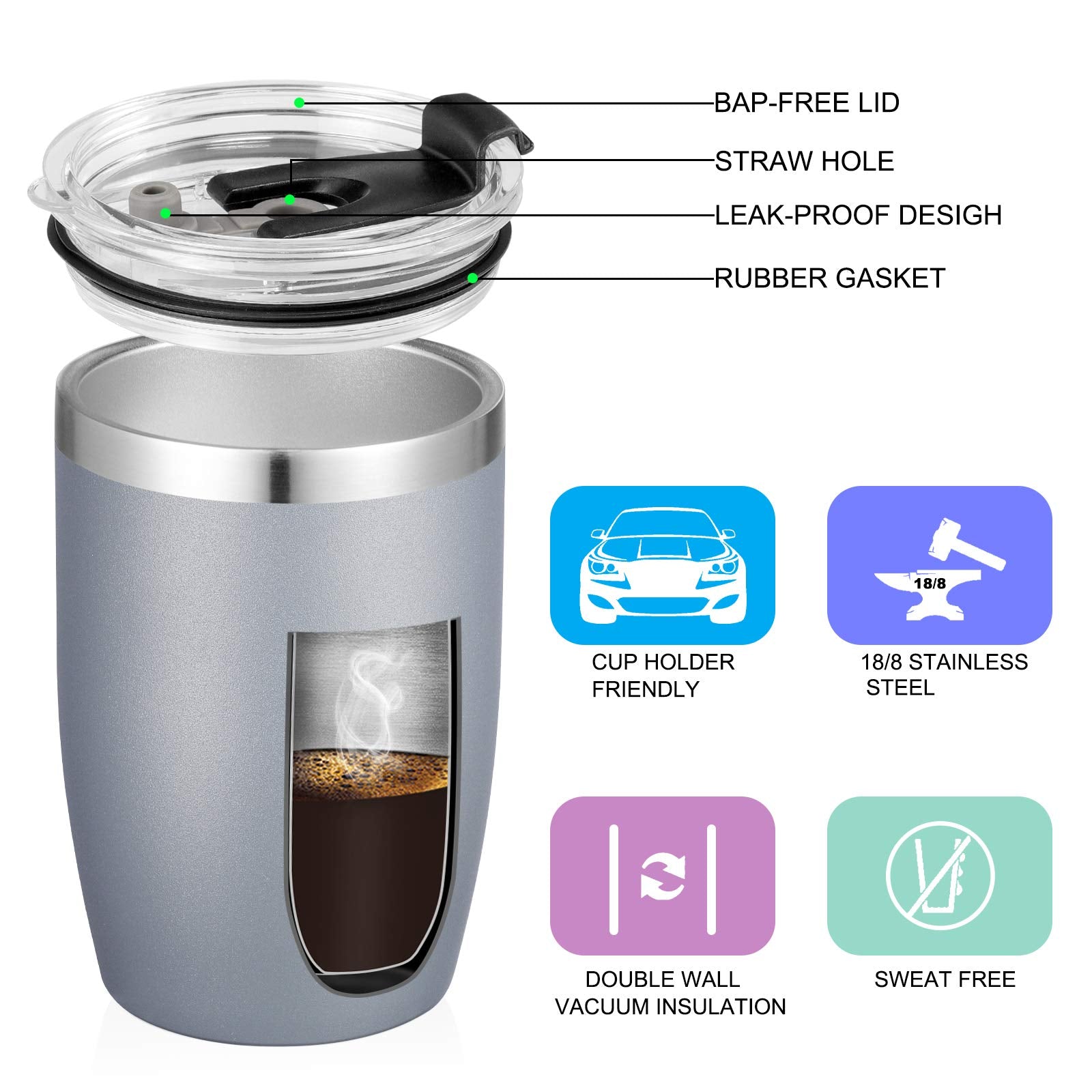 Vegond Stainless Steel 12 Oz Tumblers Bulk Vacuum Insulated Double Wall Travel Tumbler With Lid And Straw Reusable Tumbler, Grey