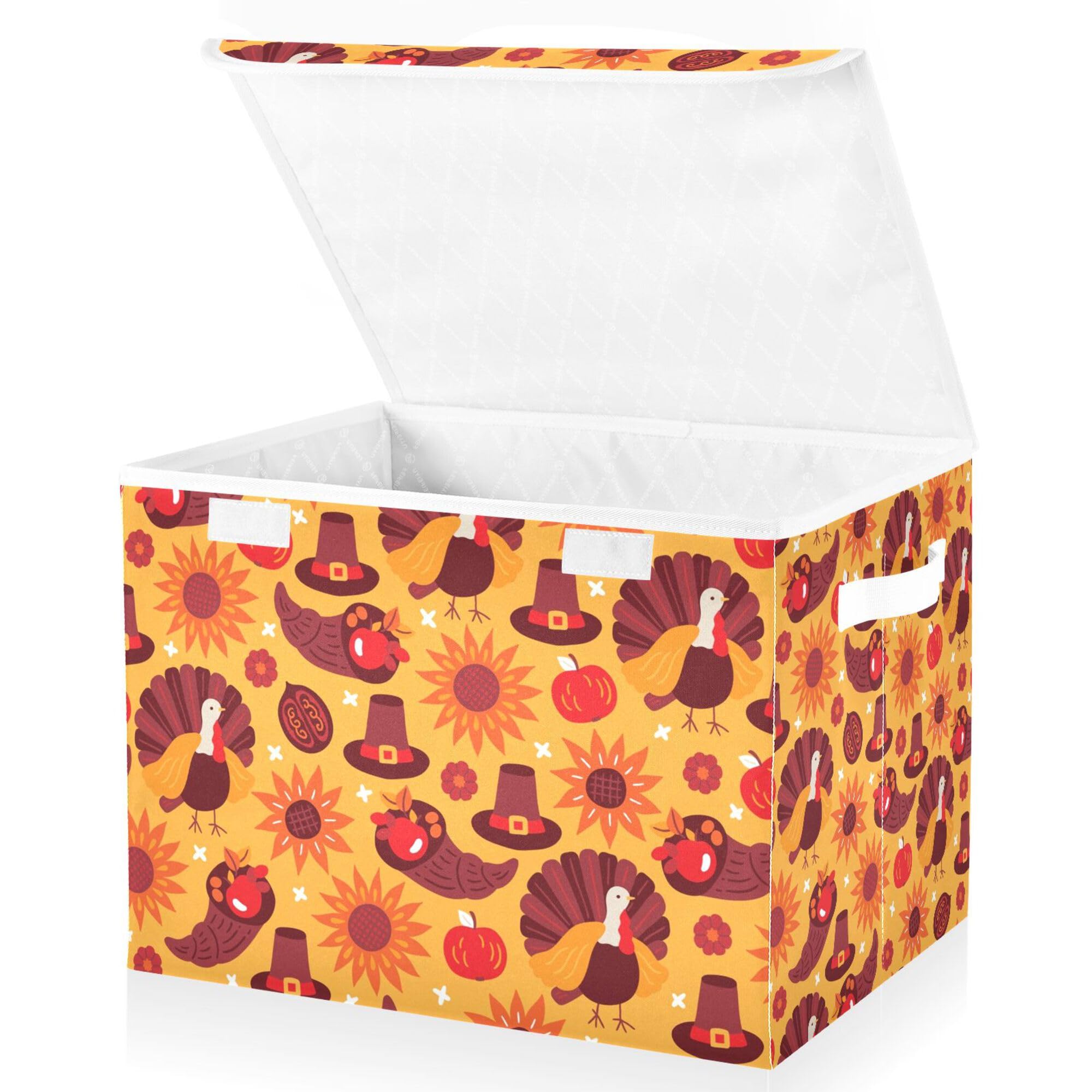 Xigua Thanksgiving Sunflower Turkey Storage Bins With Lids And Carrying Handle,Foldable Storage Boxes Organizer Containers Baske