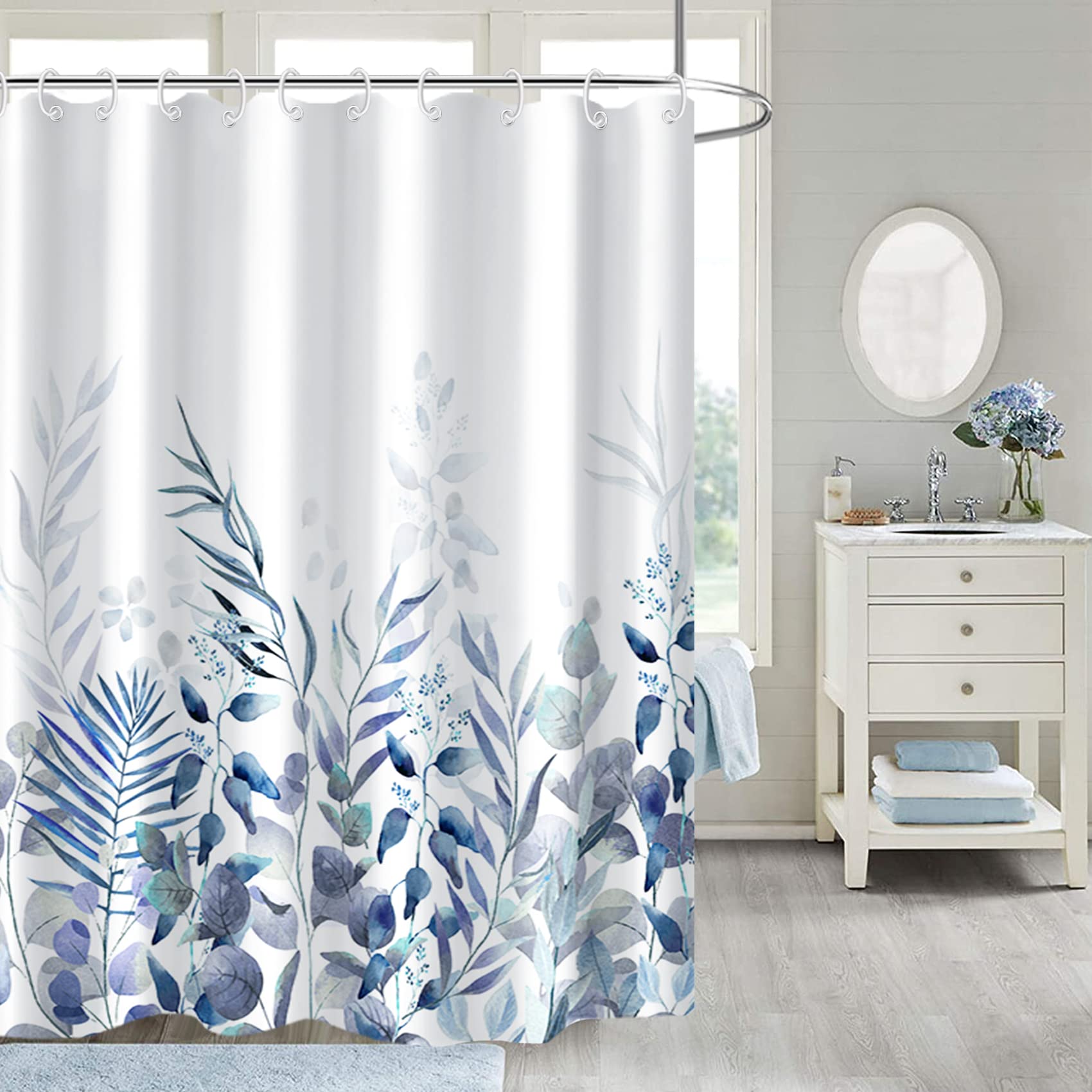 Awert Shower Curtain Plants For Bathroom,Waterproof Quick-Drying Blue Leaves Shower Curtain Set With Hooks 72X78 Inch