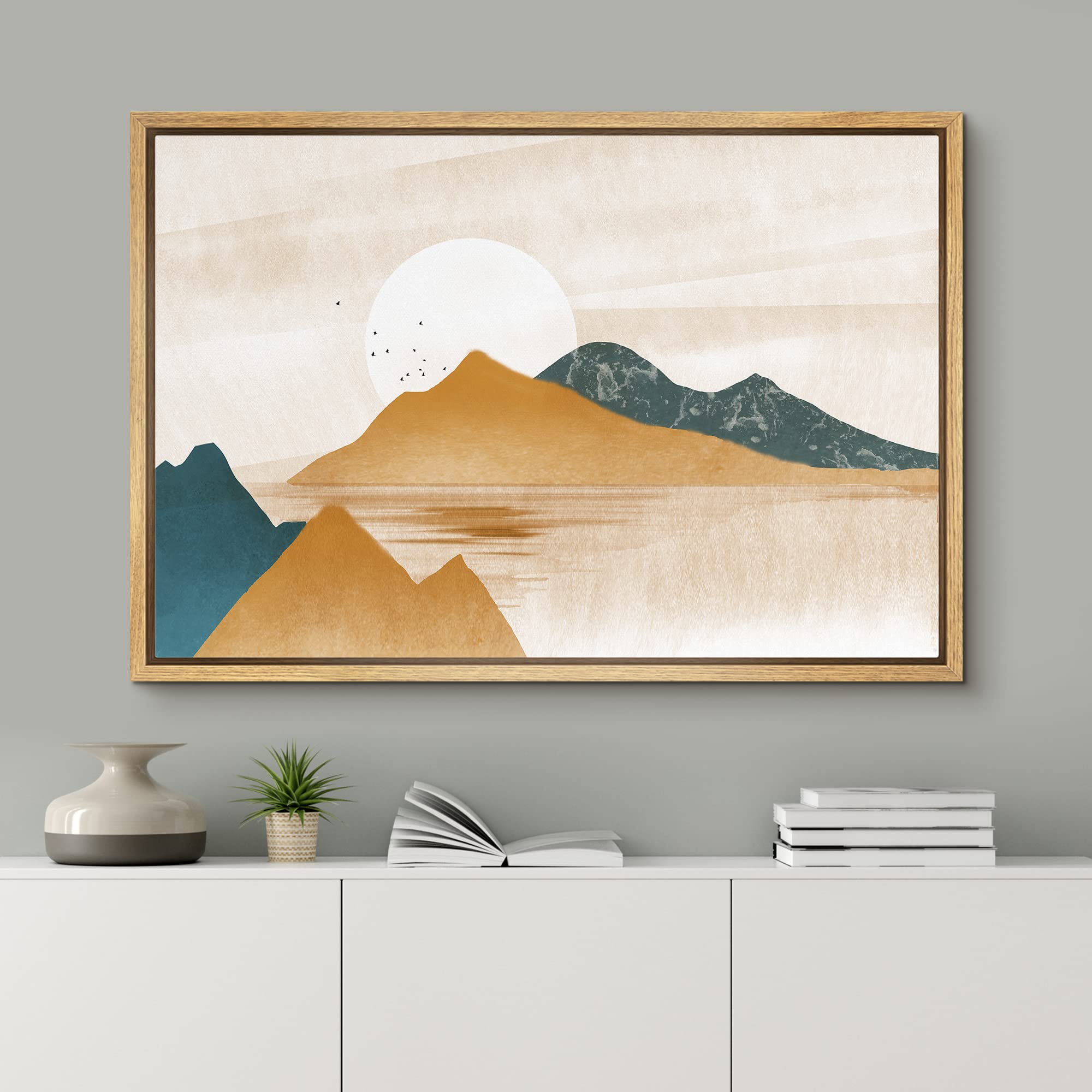 Signford Framed Canvas Print Wall Art Set Rustic Tan Mountain Range Valley Nature Wilderness Illustrations Modern Art Farmhouse/