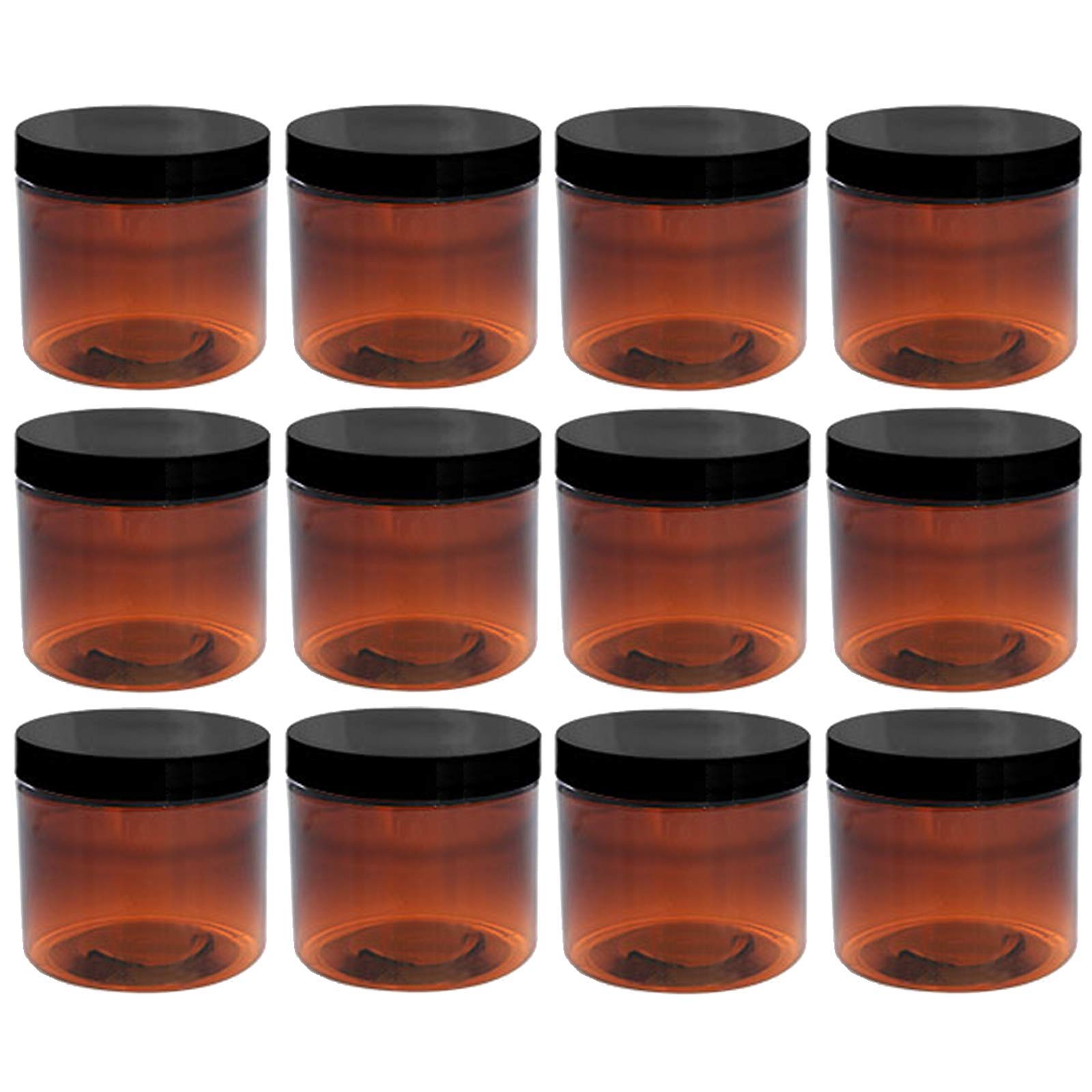 Aromine 2Oz Amber Jars With Lid, 12 Pack, Round Pet Plastic Jar Container With Blank Labels (Bpa Free)