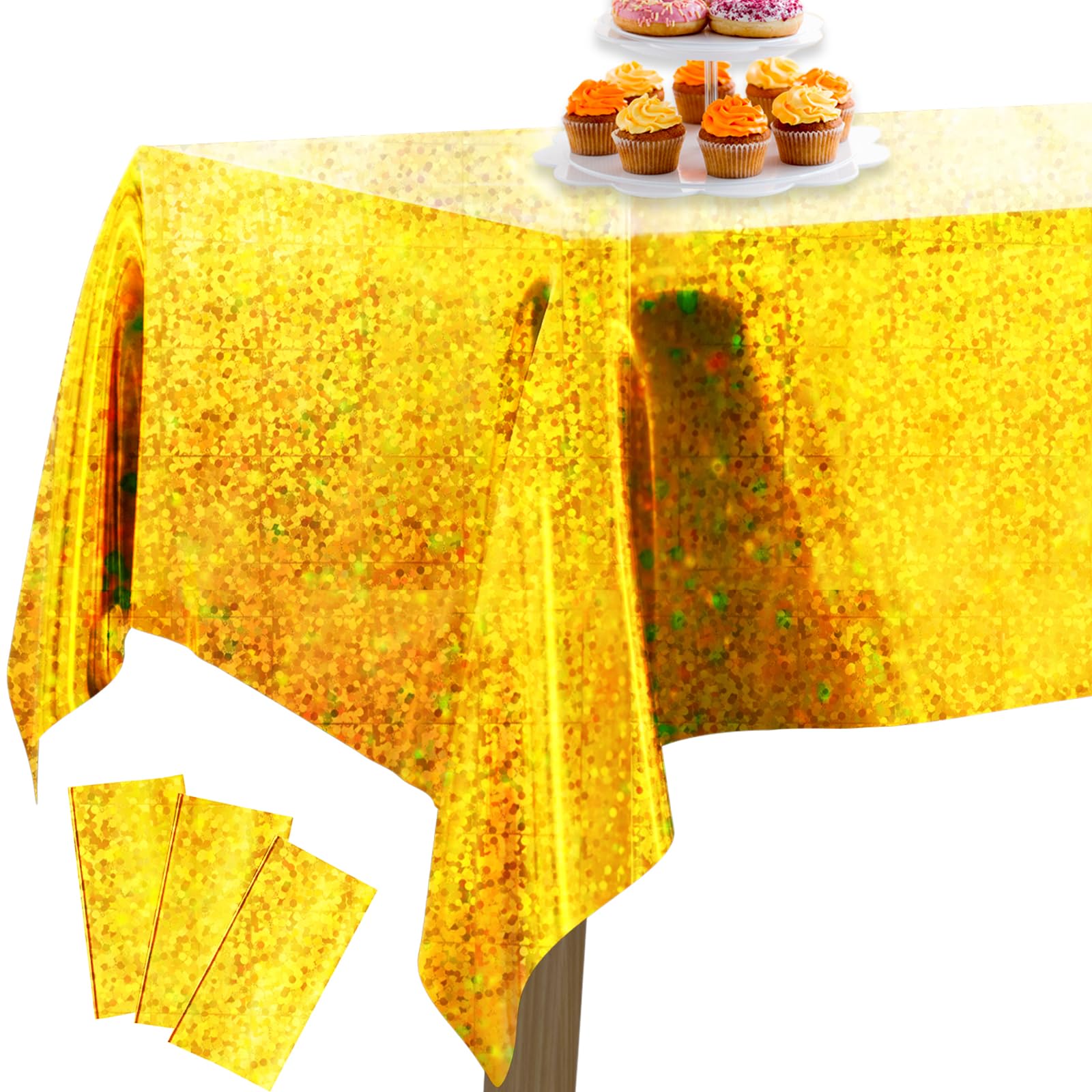 Partywoo Gold Foil Tablecloth, 3 Pack 54 X 108 Inch Iridescent Color Rectangle Tablecloth, Foil Tablecloth For 6 To 8 Foot Table