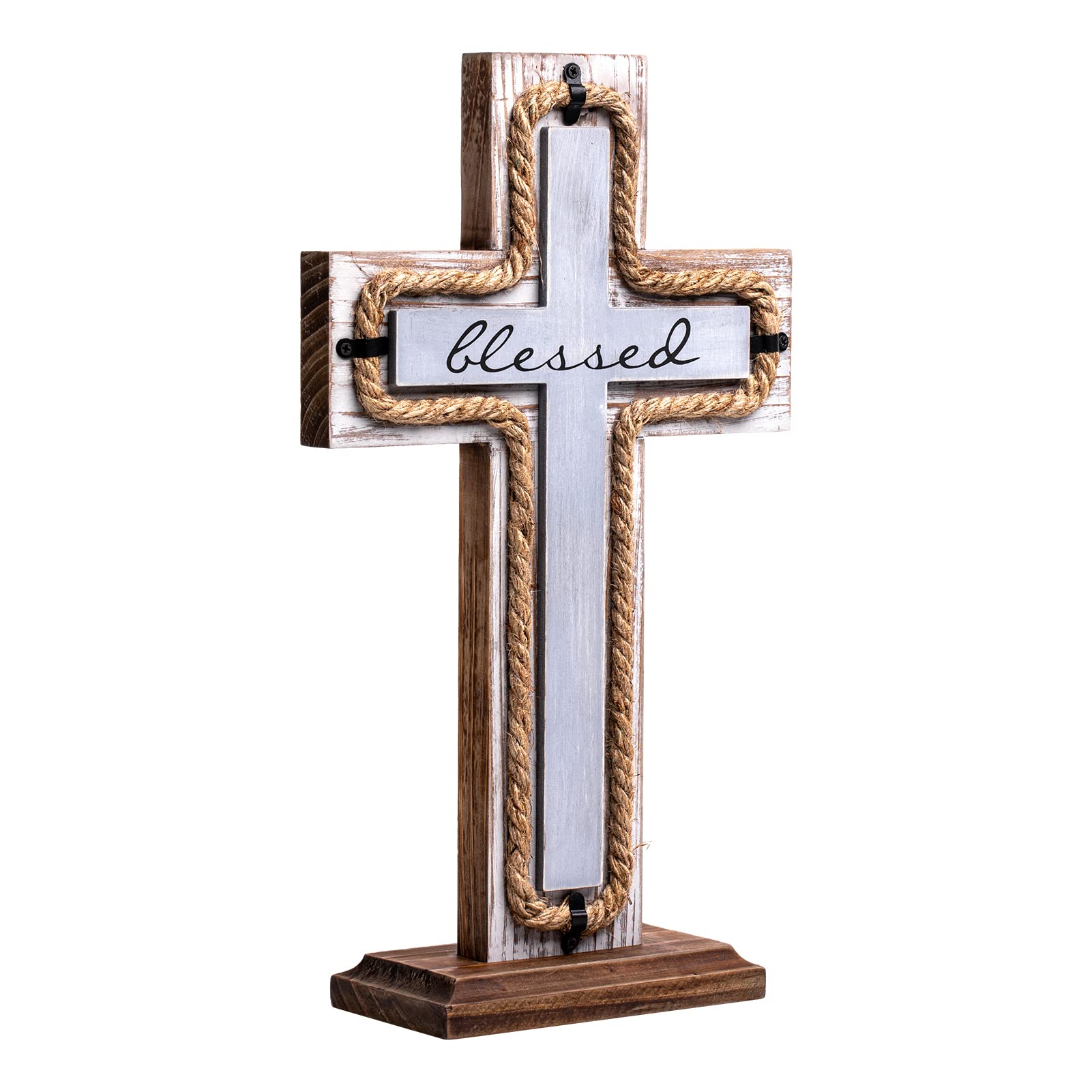 OKSQW Wall Wooden Cross with Wooden Base Christians Crosses Spiritual Religious Cross Christmas Wall Hanging Handmade Wood Hemp 
