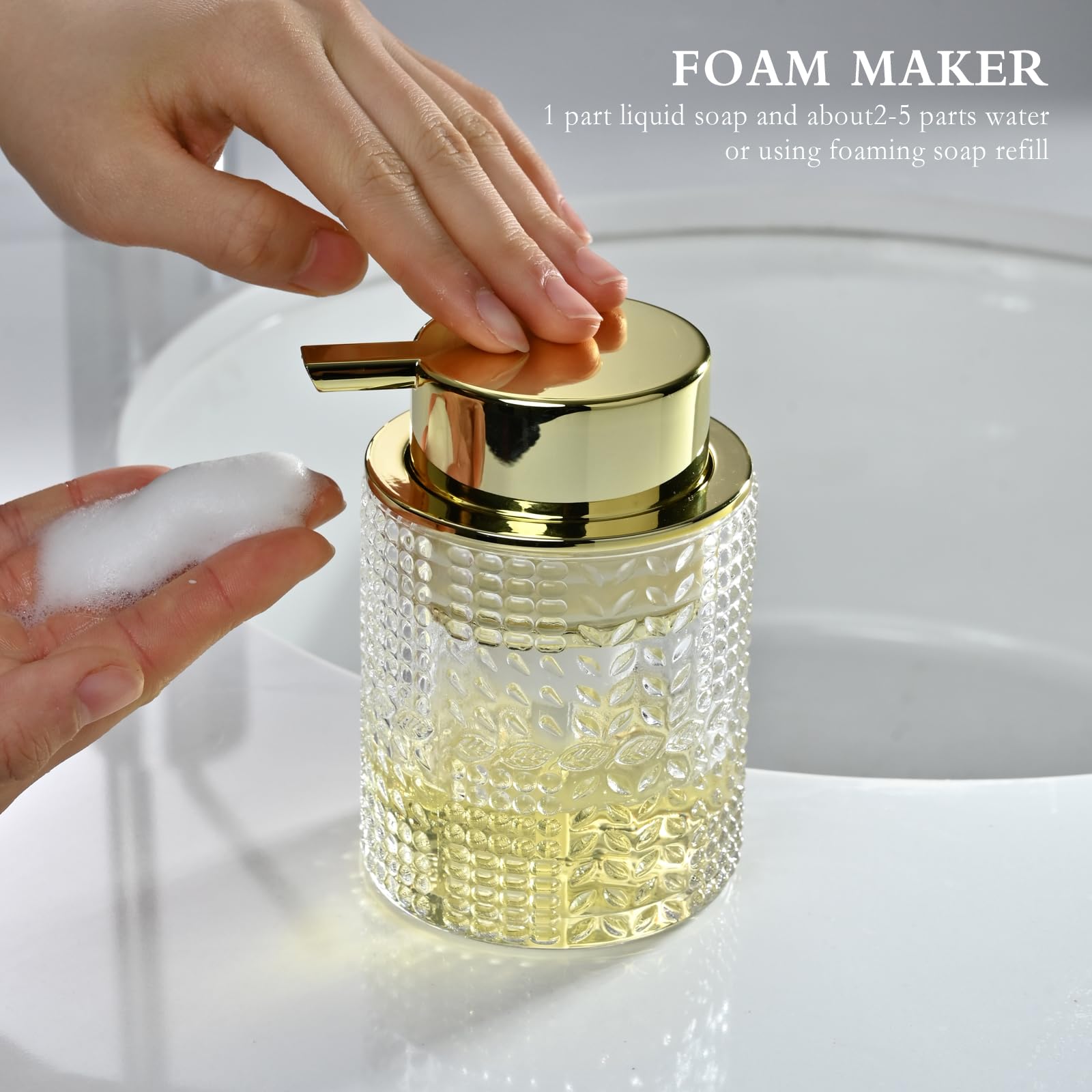 Cicufy Foaming Glass Soap Dispenser,Hand Foam Soap Dispenser For Kitchen & Bathroom-2 Pack(B-Type Clear Glass/Gold Pump)