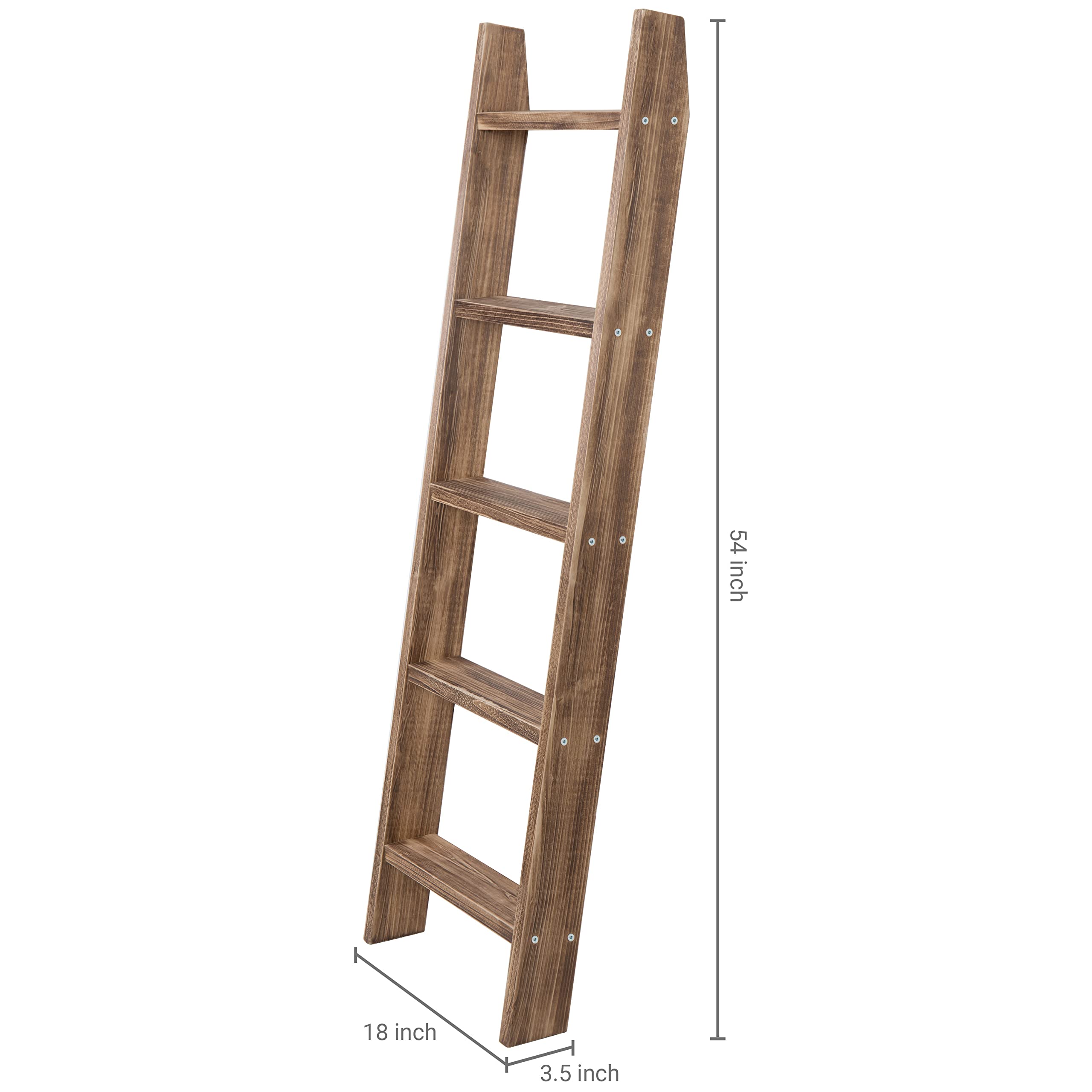 Mygift 4Ft Tall Rustic Burnt Natural Wood Wall Leaning Blanket Ladder Shelf With 5 Rungs, Decorative Living Room Throw And Quilt