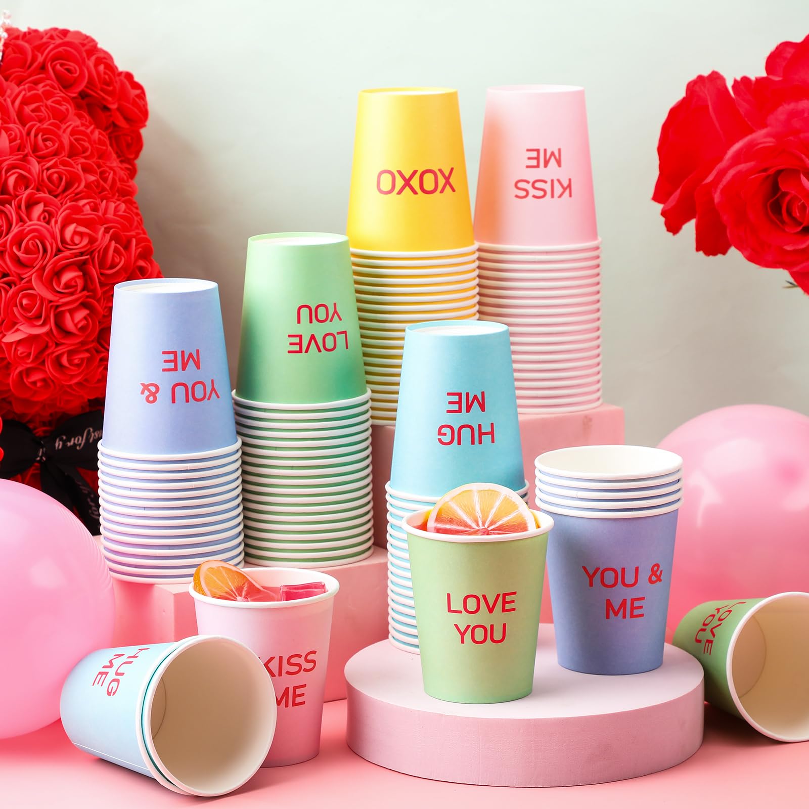 Funtery 100 Pcs Valentine'S Day Disposable Cups Conversation Heart Paper Cups 9Oz Colorful Hearts Print Xoxo Love Sweet Be Mine